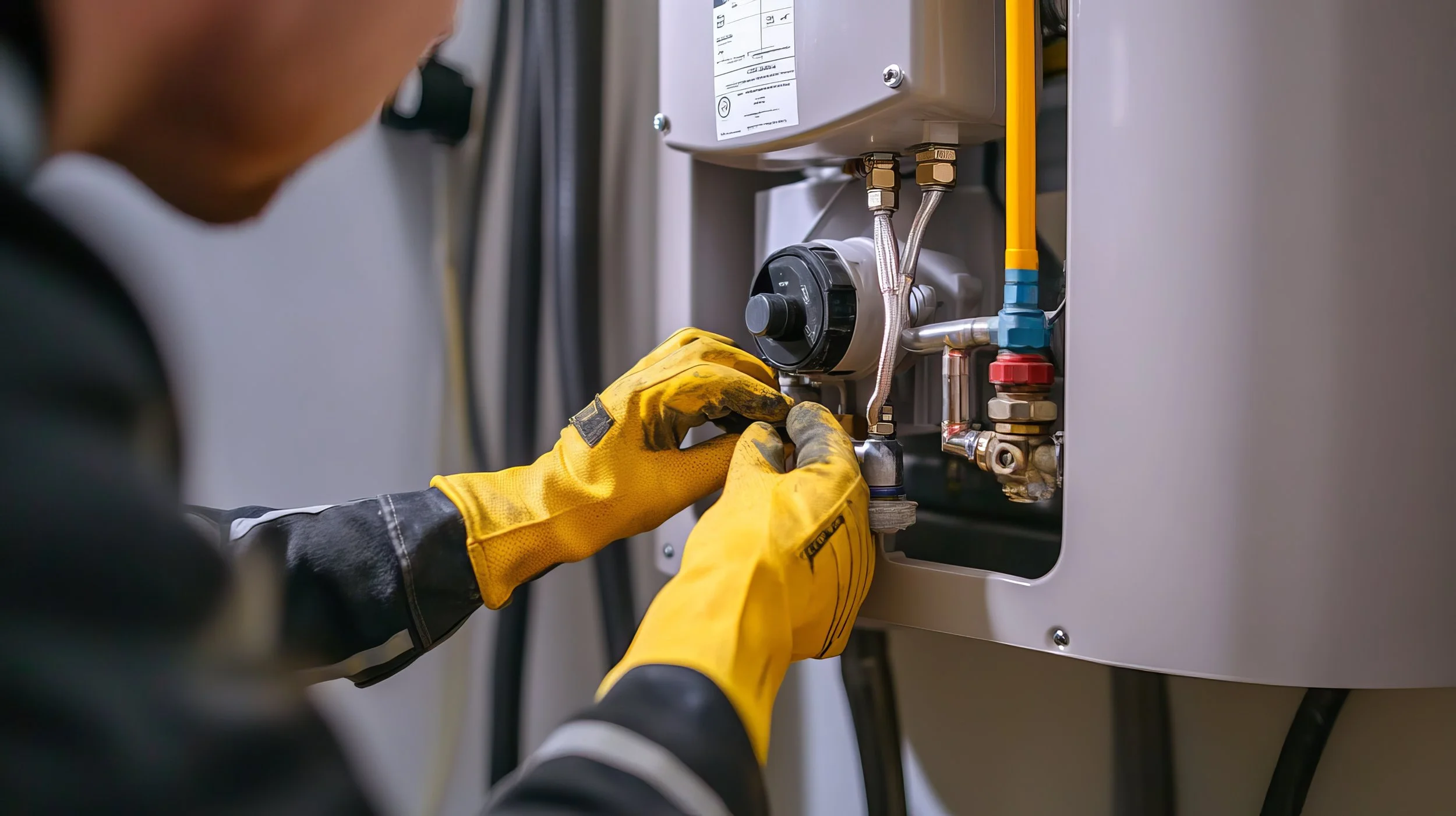 Close-up of a technician wearing yellow gloves working on an electrical or mechanical panel with various wires, pipes, and a dial.