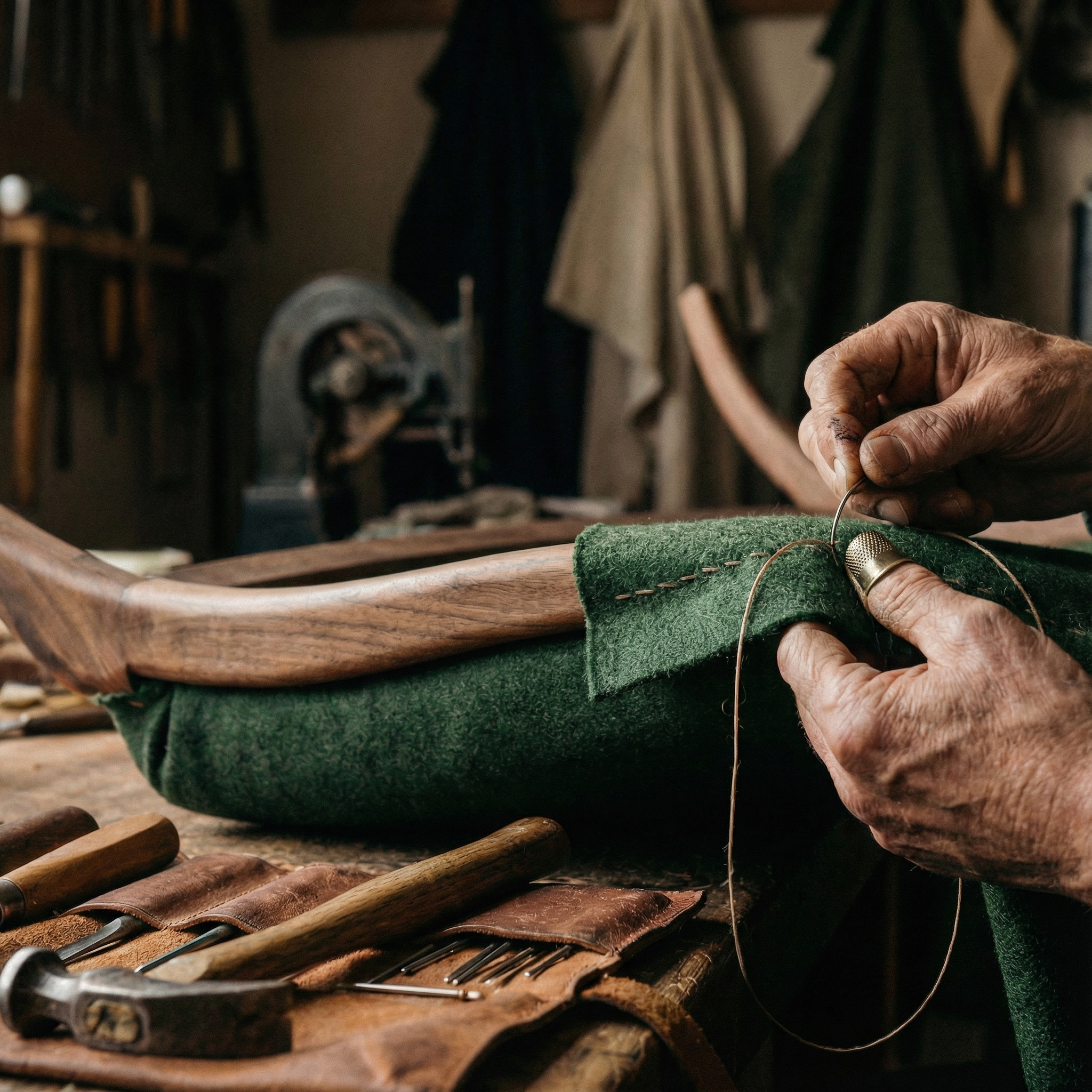 Close-up of hand-stitching green wool onto a custom chair frame | traditional upholstery work in a craftsman's studio | Globe Upholstery workshop