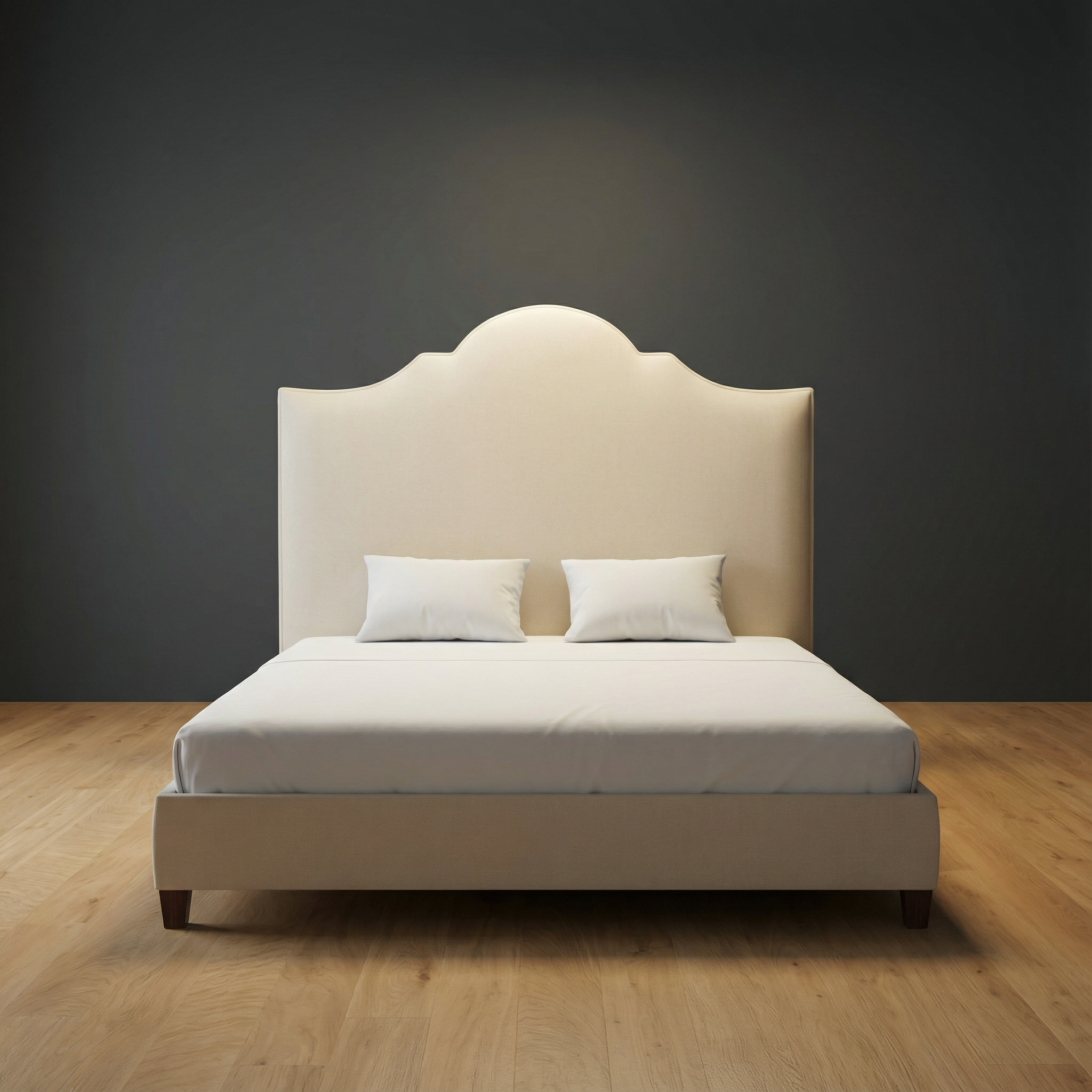 Harrington upholstered bed by Globe Upholstery with softly curved headboard
