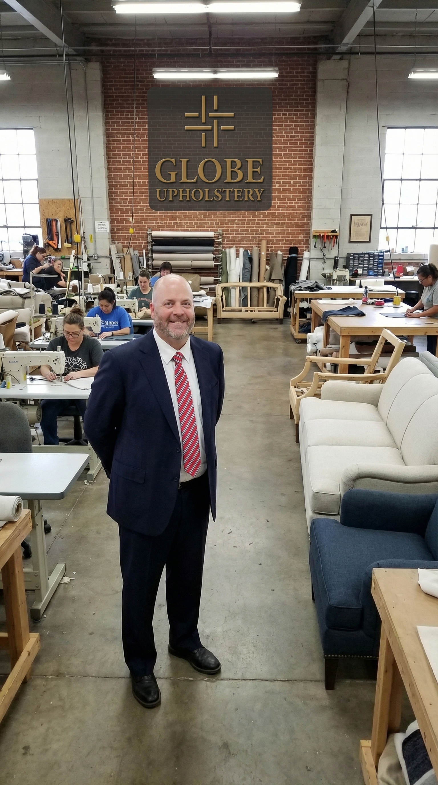 Brack Culler standing in the Globe Upholstery factory surrounded by skilled artisans working on custom furniture