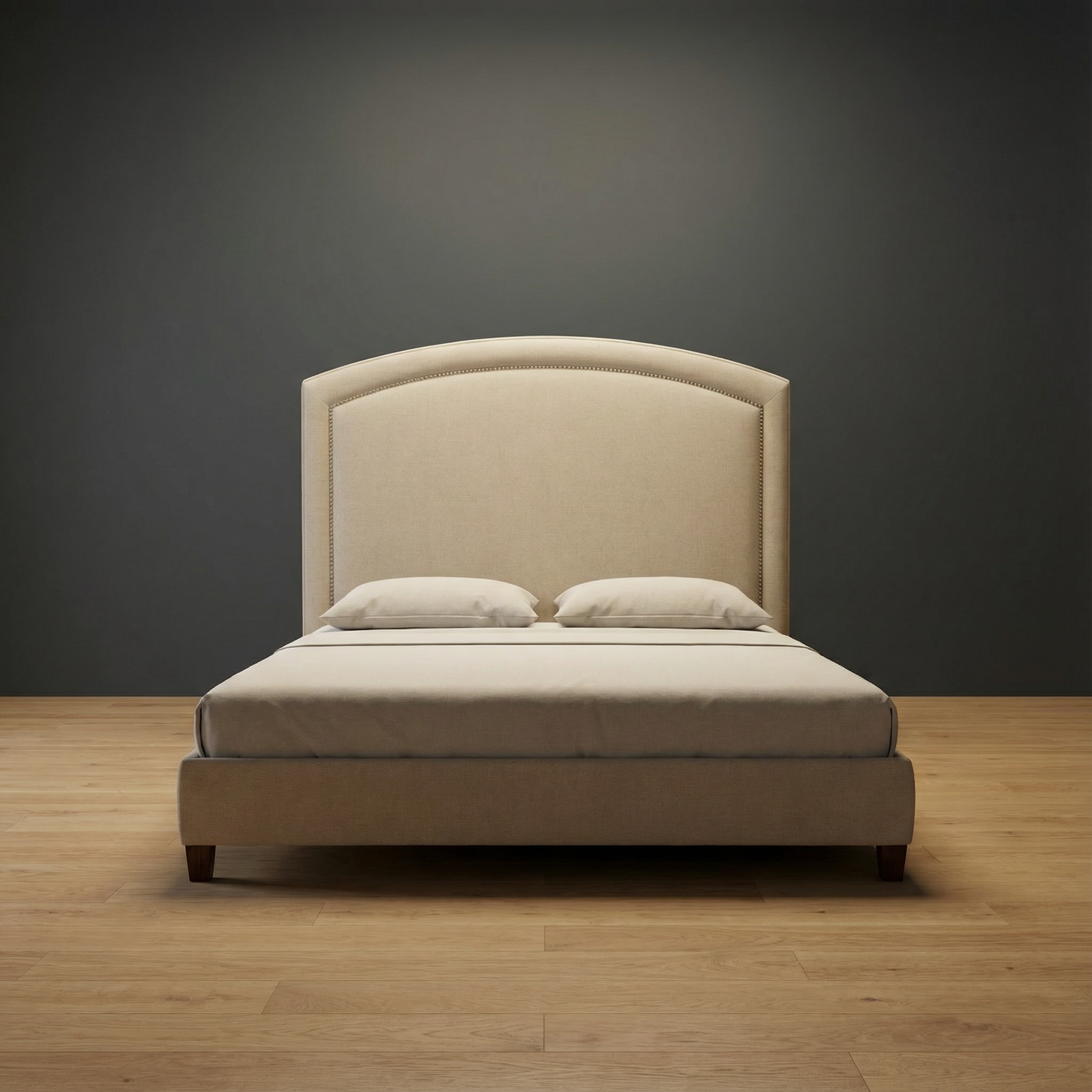 Ashecraft upholstered bed by Globe Upholstery with arched headboard in neutral fabric