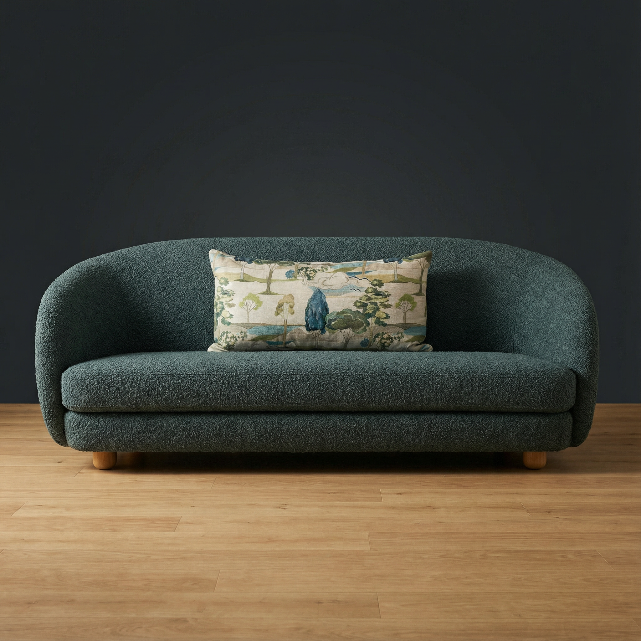 A mid-century modern dark green textured sofa with rounded arms and wooden legs, placed against a dark wall on a light wooden floor, with a decorative embroidered cushion featuring a landscape and trees.
