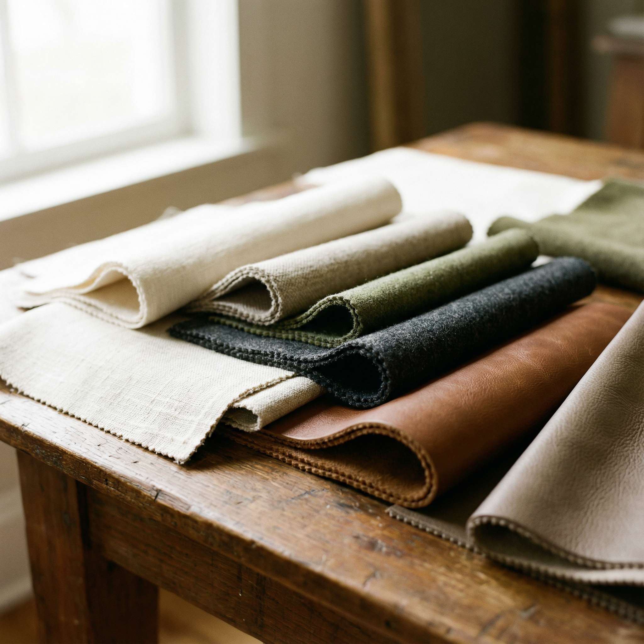 Neatly folded fabric swatches in neutral and earth tones on a wooden table | textures include linen, velvet, and leather | soft light from nearby window adds warmth