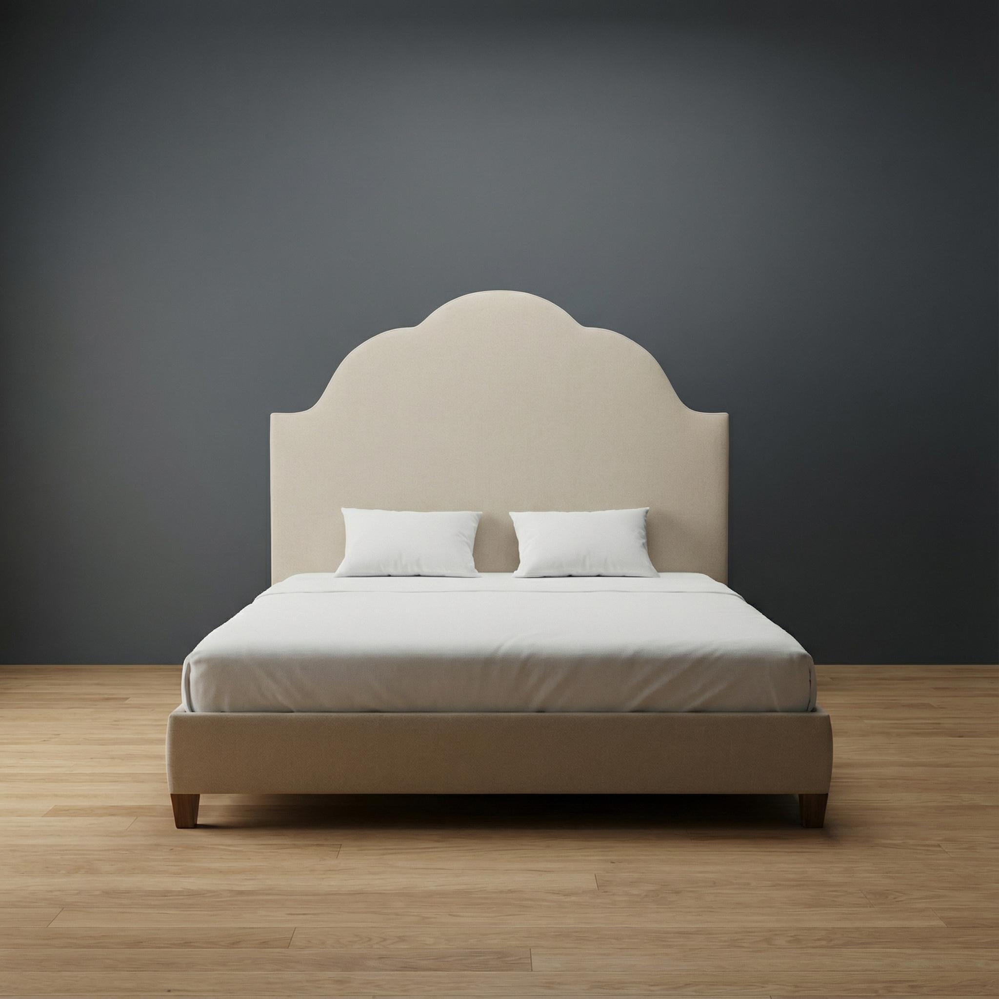 Kingswell upholstered bed by Globe Upholstery with tall sculpted headboard