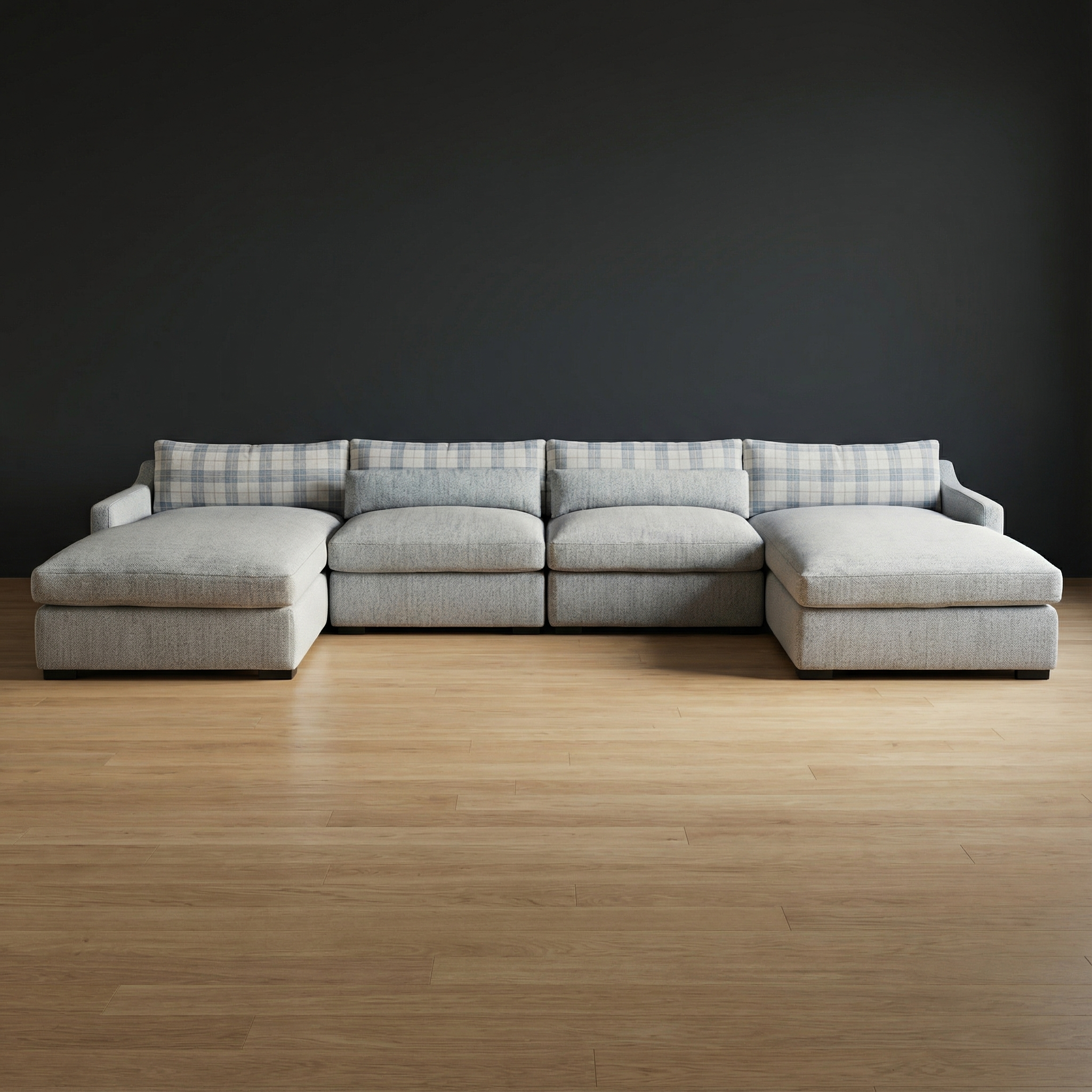 The Homestead Sectional | modular gray sectional sofa with plaid and solid cushions | designed for comfort and versatility