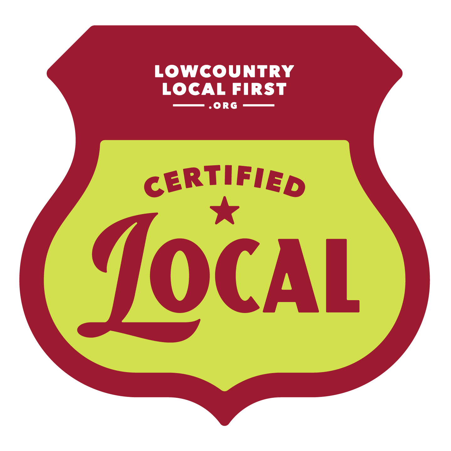 Badge with the text 'Certified Local' and 'Lowcountry Local First' at the top, featuring a star and the word 'Local' in large letters in the center.