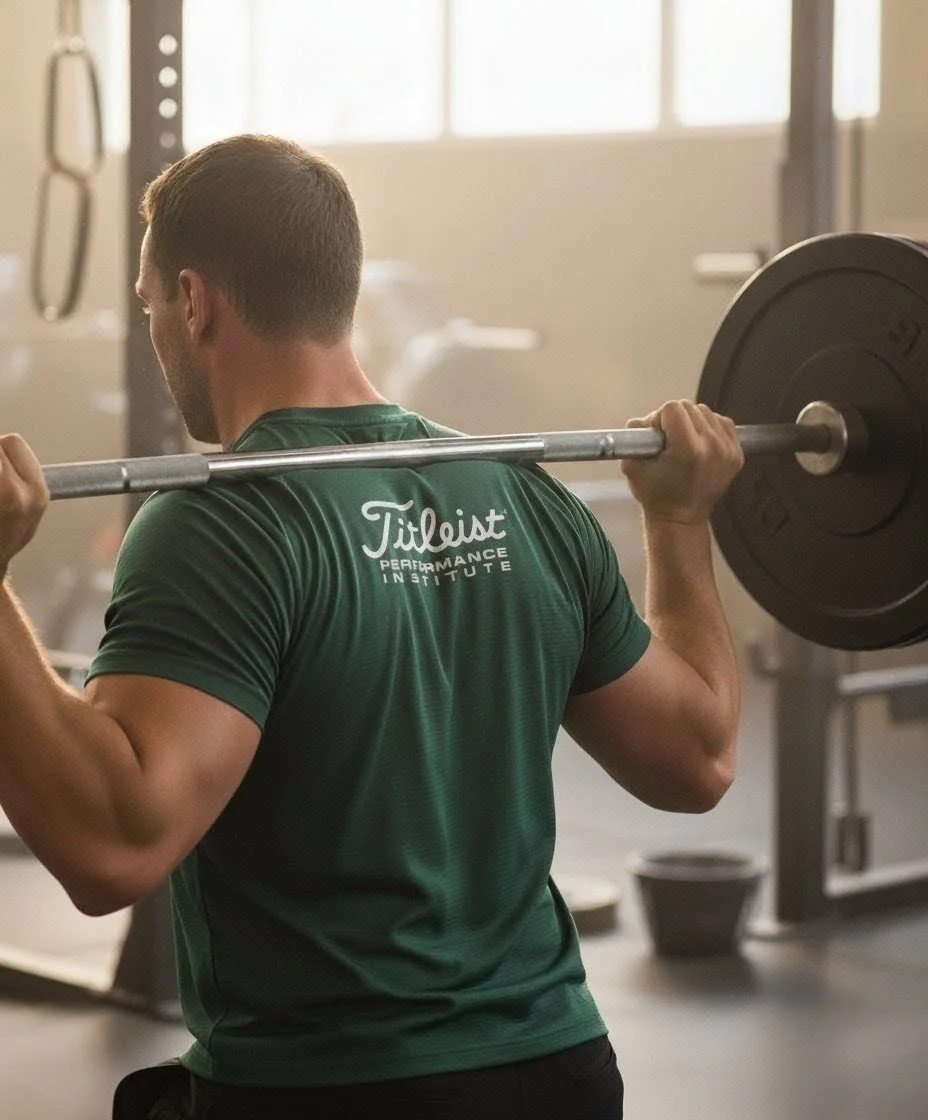 A man in a green sports shirt performing a squat exercise with a barbell on his shoulders in a gym.