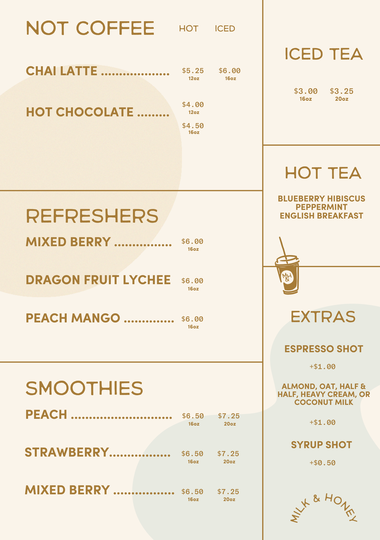 Menu featuring coffee, tea, refreshers, smoothies, and extras in a coffee shop with prices listed for various sizes and options.