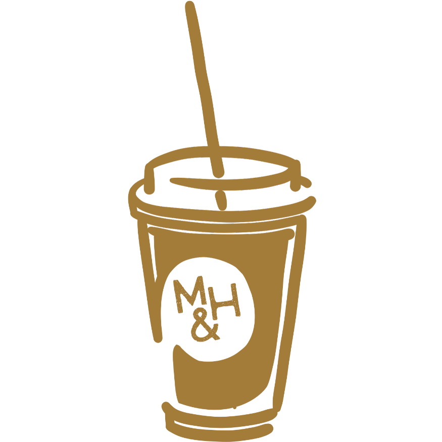 A brown coffee or soda cup with a straw and a black circular logo with the letters "MH &" on it.