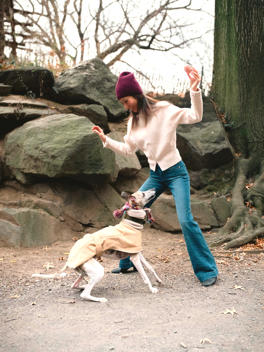 Health coach Maggie Ng with her dog, a whippet, Tigger at Central Park, on the Upper West Side in NYC