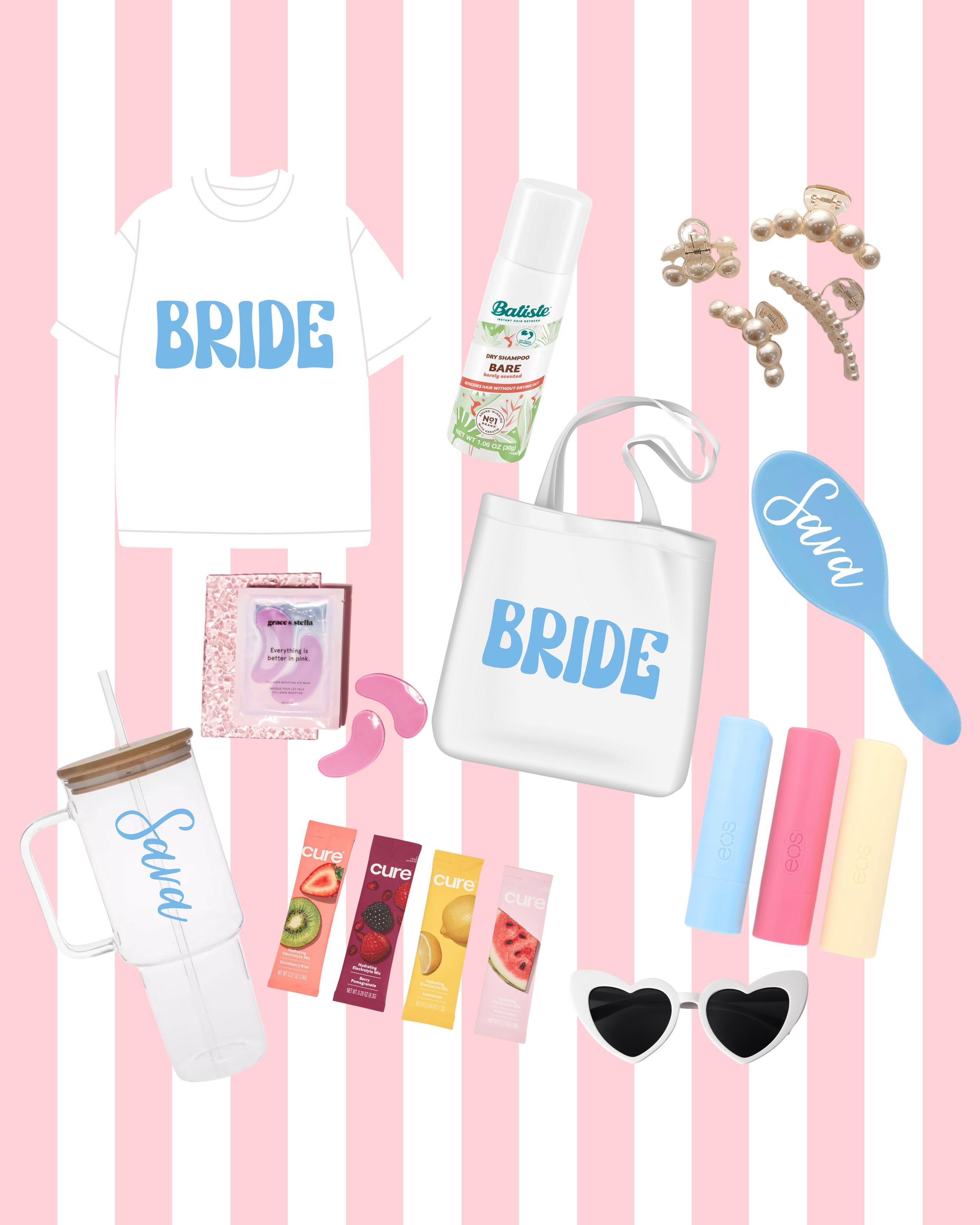 Wedding essentials and accessories on pink and white striped background, including T-shirts reading 'BRIDE', beauty and skincare products, snacks, heart-shaped sunglasses, and hair clips.
