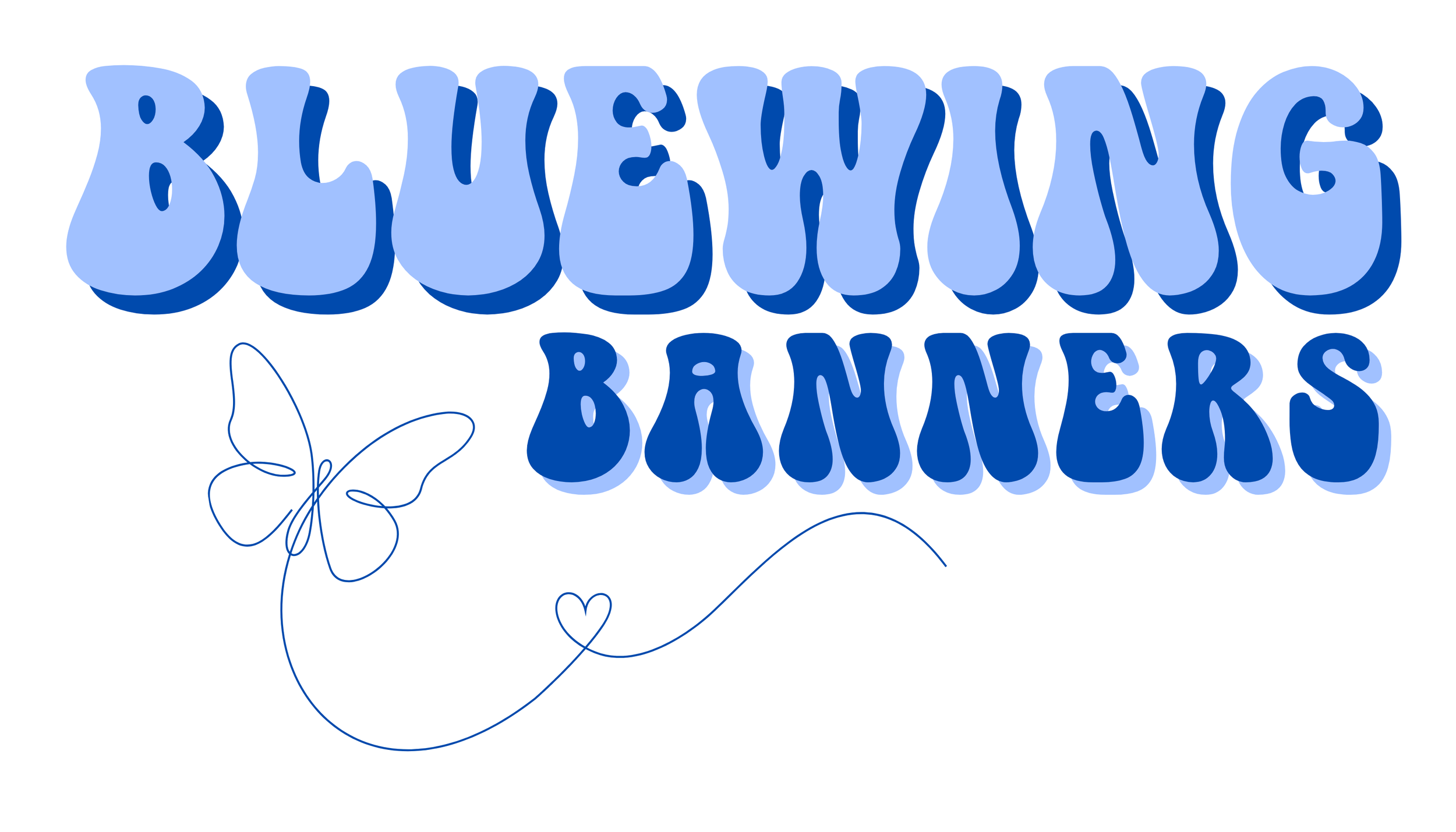 Design with the text ‘Blueyong Banners’ in large blue, 3D-style font, a butterfly illustration on the left, and a heart connected with a curved line underneath.