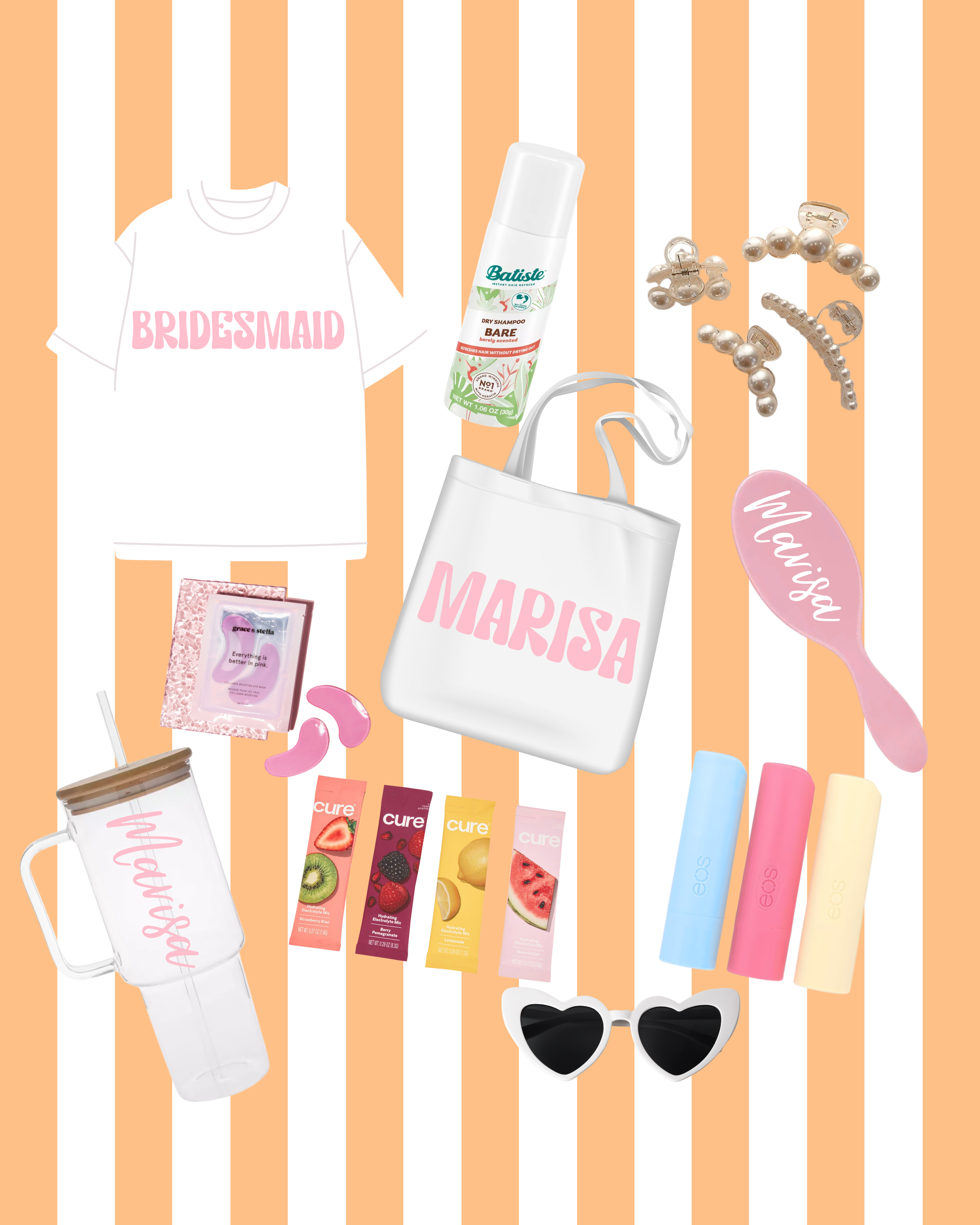 Collection of bridal and bride-related accessories on orange and white striped background, including a white T-shirt with 'BRIDESMAID' in pink, 'Marisa' tote bag, pearl hair clips, pink hairbrush with 'Marisa' in white, sunglasses, colorful lip balms, packets of Cure brand fruit snacks, a clear tumbler with 'Marisa', and a bottle of dry shampoo.