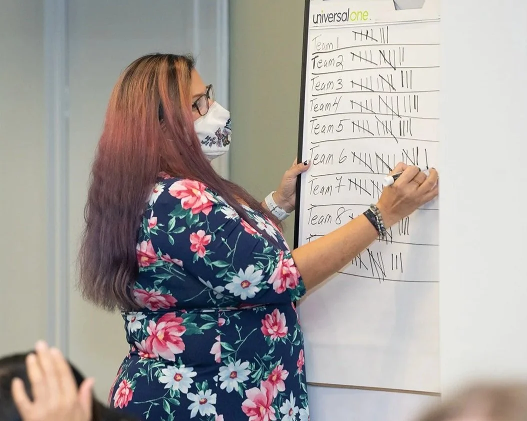 A woman wearing glasses, a floral dress, and a face mask is writing tally marks on a large sheet of paper. The paper has the title 'universal one' and lists multiple teams, each with corresponding tally marks.
