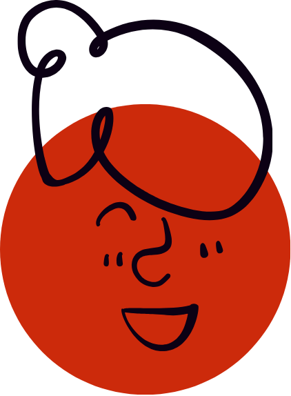Drawing of a smiling face with glasses and a red circular background.