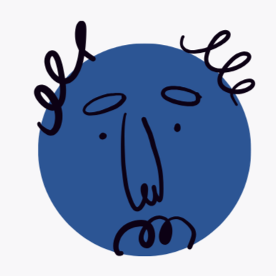 A blue circle with black line drawing of a face and the word 'hello' written in a wavy script above