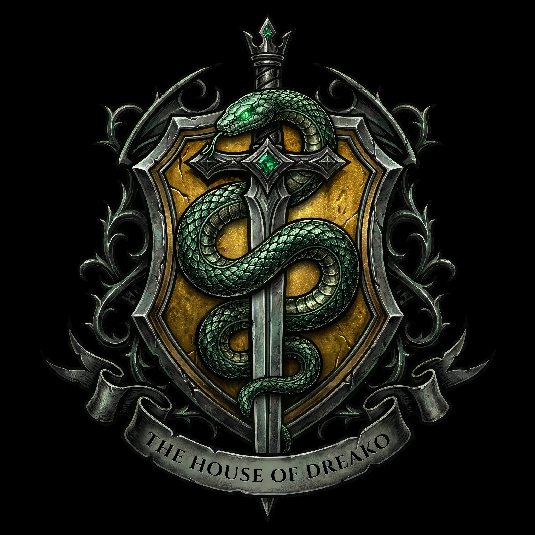 A shield with a green snake wrapped around a sword, with intricate black and silver designs, and the text 'The House of Dreako' at the bottom.