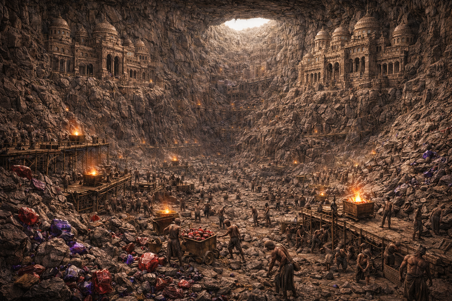 Ancient underground city with many stone buildings, staircases, and tunnels carved into the rock. Numerous workers with carts and fires are in the large central area, surrounded by high walls and structures built into the rocky cave ceiling.
