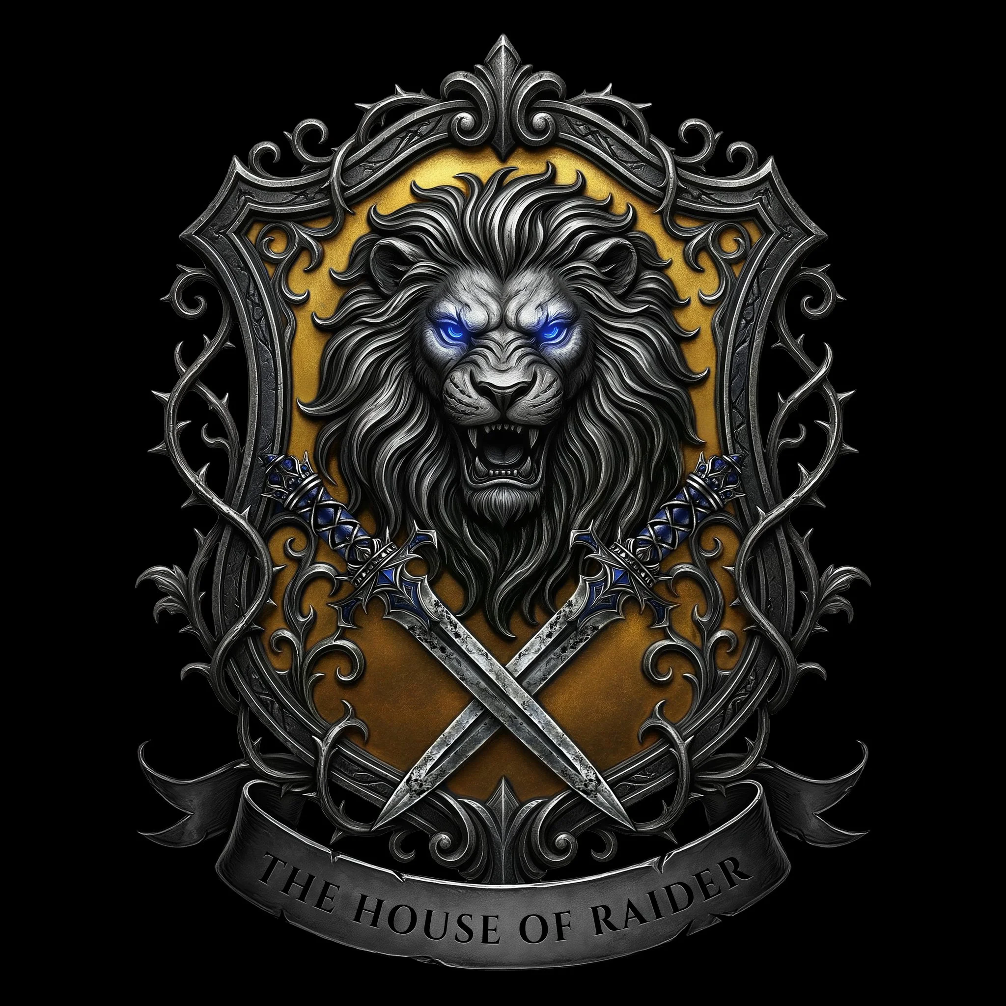 A crest with a fierce lion's head with glowing blue eyes at the center, surrounded by ornate metallic scrollwork. Two crossed swords with detailed hilts are below the lion. A banner at the bottom reads 'The House of Raider.'
