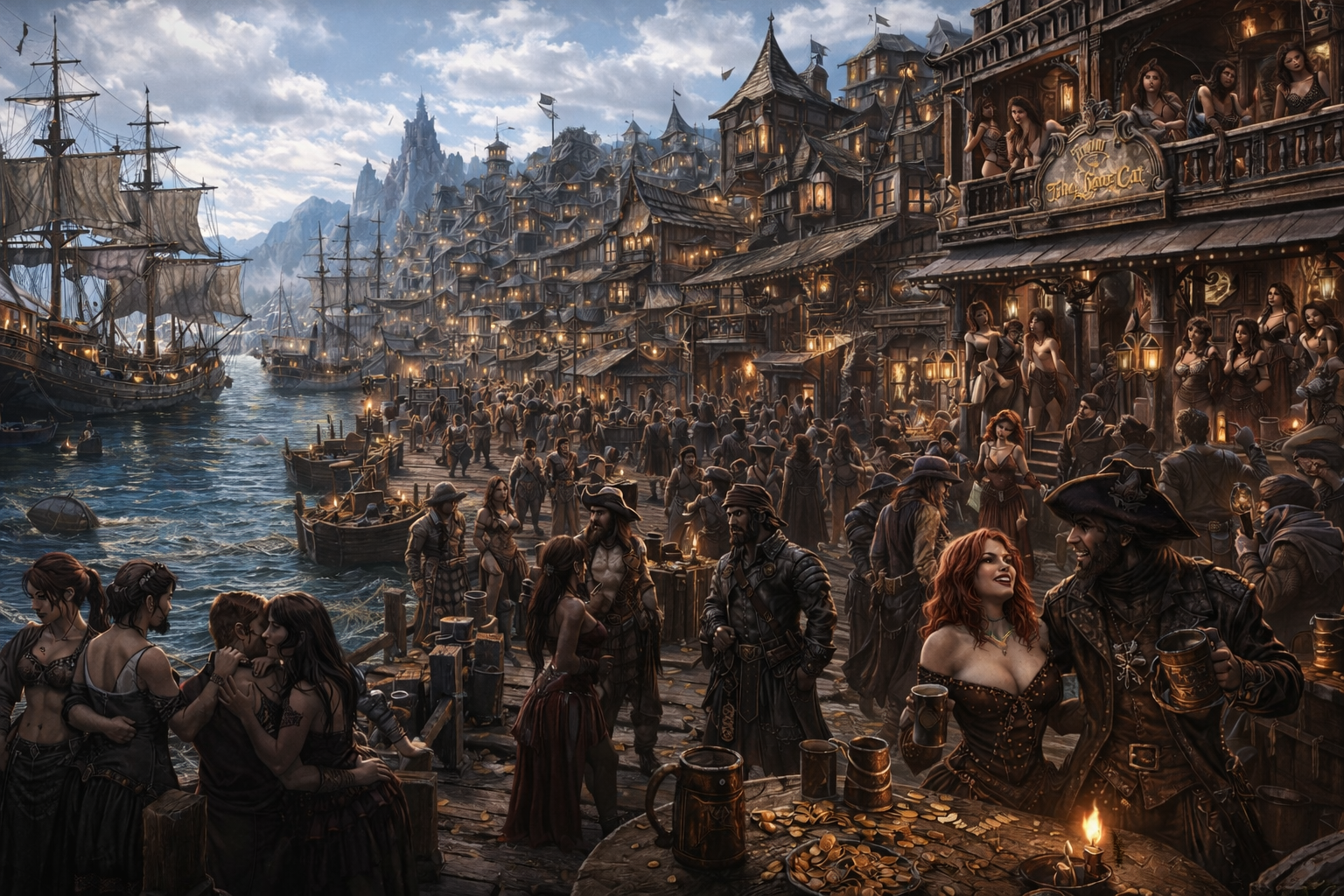 A bustling port town with ships, wooden buildings, and many people dressed in pirate and medieval-style clothing on a wooden pier, with mountains and a castle in the background.
