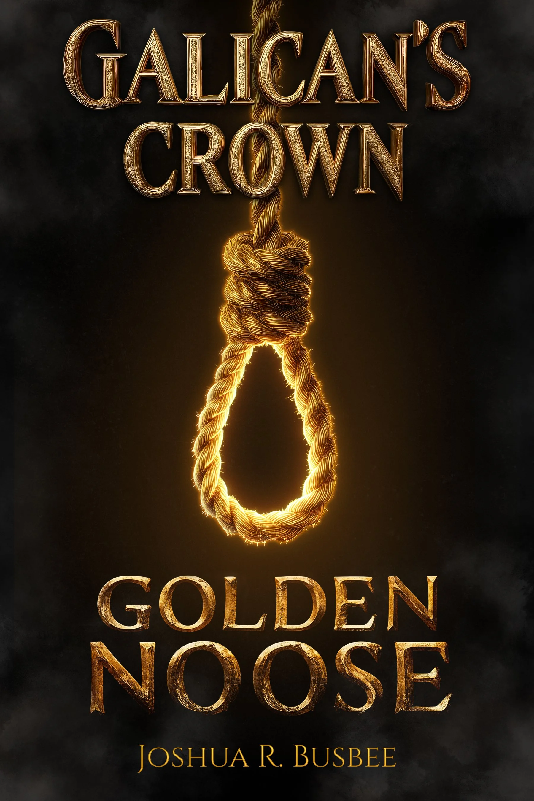 Book cover for "Galican's Crown: Golden Noose" by Joshua R. Busbee, featuring a noose made of golden rope against a dark background, with the title and author's name in metallic gold font.