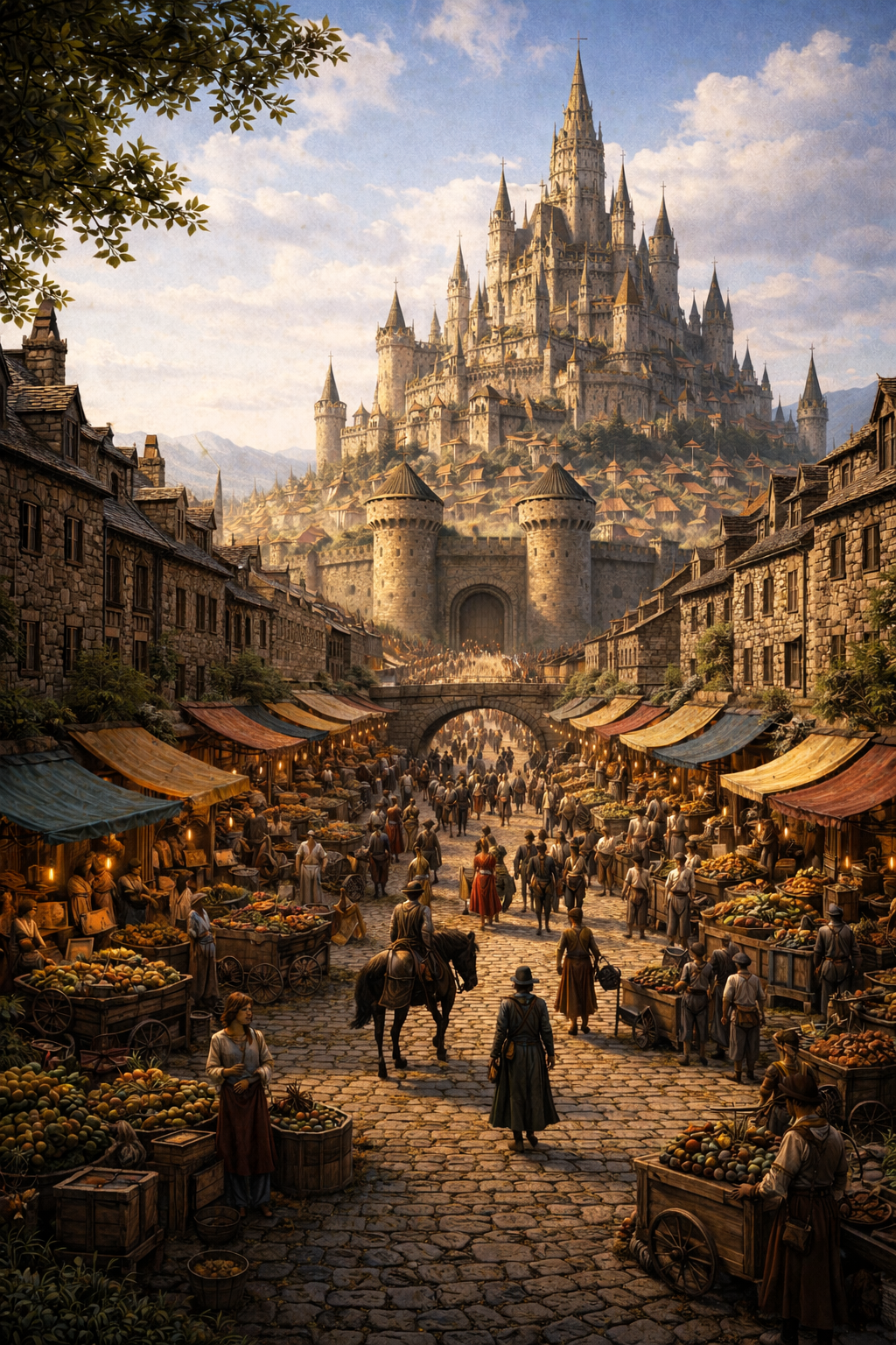 A bustling medieval marketplace with vendors and shoppers beneath an archway, leading to a massive castle on a hill with numerous towers and turrets, set against a blue sky with clouds.