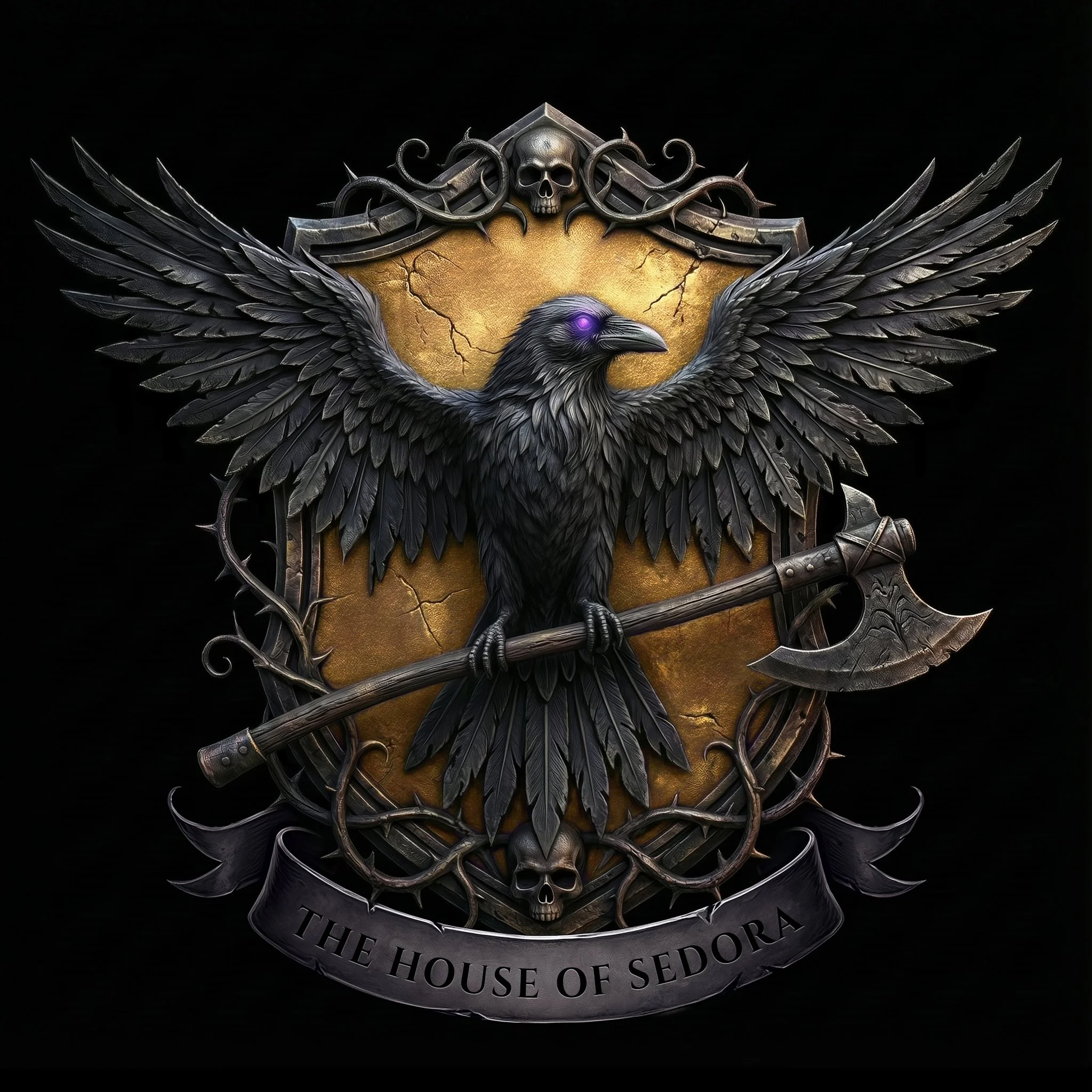 A black-winged raven with a glowing purple eye perched on a branch, against a yellow cracked shield background with skulls and ornate metal designs, with a banner below reading 'The House of Sedora'.