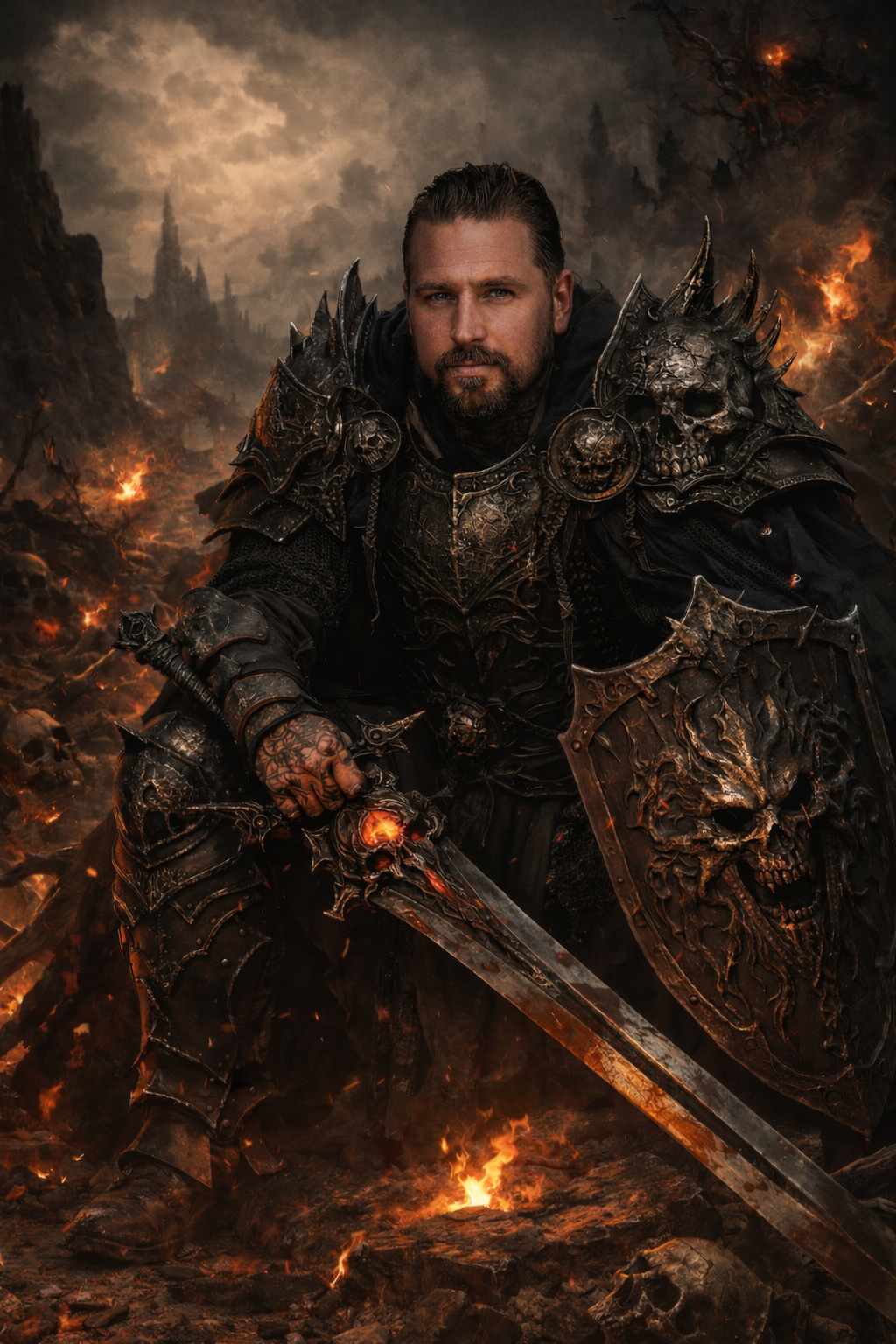 A dark-armored warrior with skull and dragon motifs on his armor, holding a flaming sword and shield, standing amidst a fiery battlefield with smoke and destruction.
