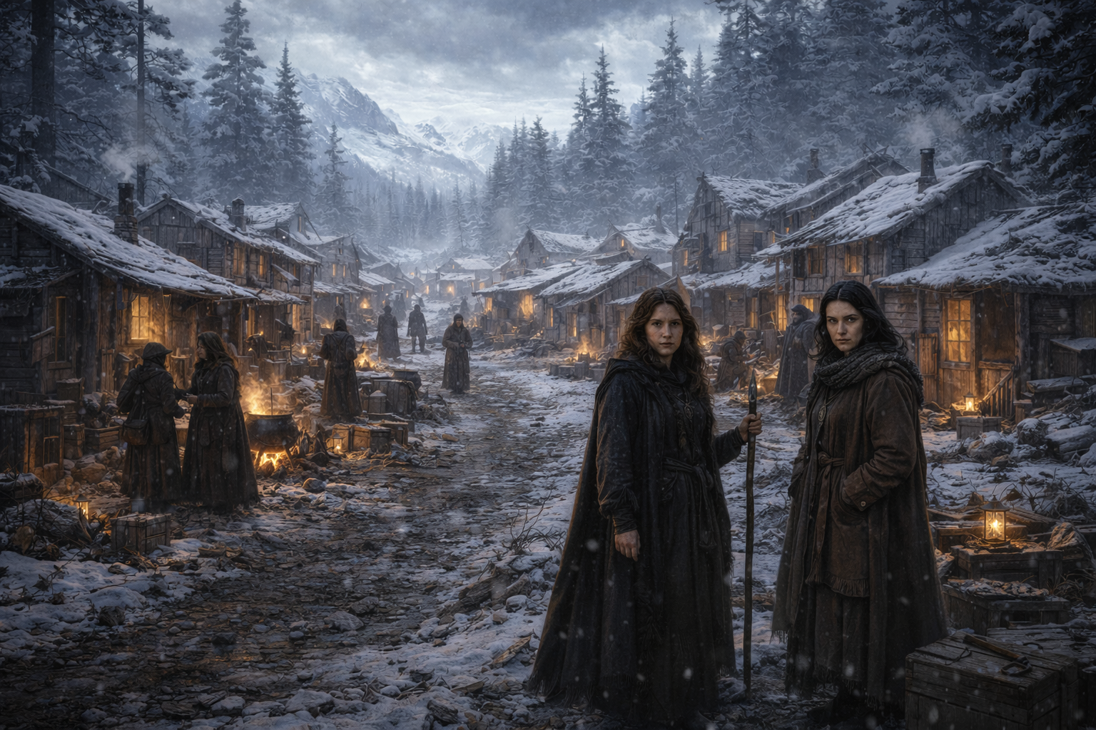 Two women standing in a snowy mountain village at night, holding a staff, with villagers and houses with warm lights in the background.