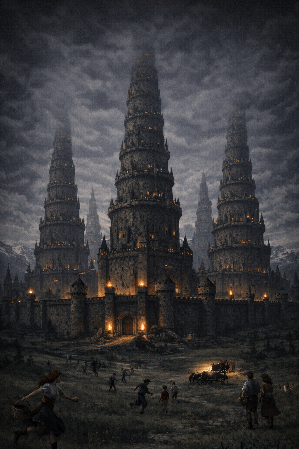 A dark, castle-like cityscape with tall, illuminated towers under a cloudy sky. In the foreground, people are running and walking on a dirt path near an old stone wall and a horse-drawn carriage, with a gloomy mountainous background.