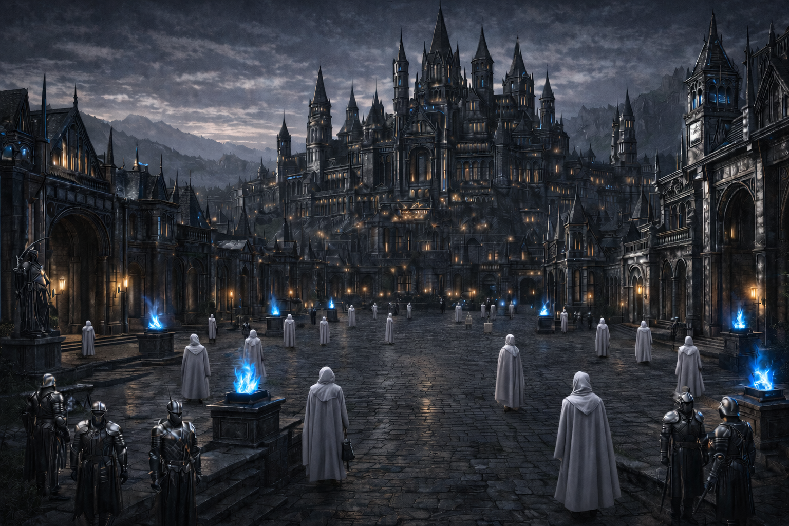 Dark castle with tall spires and glowing windows on a cloudy night, surrounded by an open courtyard with armored guards and cloaked figures.