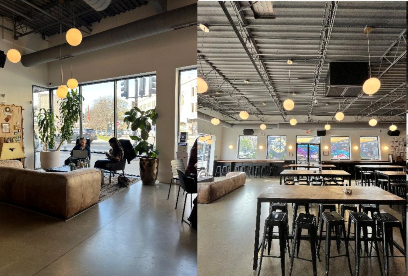 Side-by-side images of a coffee shop interior. The left side shows customers sitting near windows with plants, sunlight, and a cozy seating area. The right side shows a spacious area with high ceilings, multiple tables, chairs, and hanging globe ligh