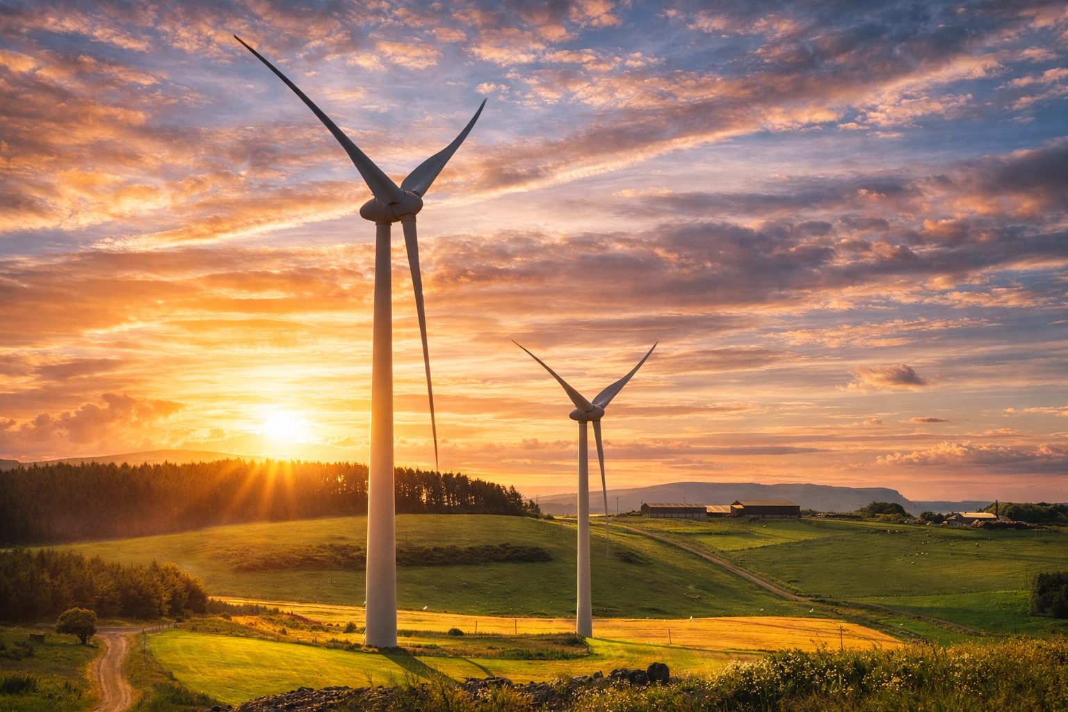 A scenic landscape with two wind turbines on rolling green hills during a vibrant sunset with orange, pink, and purple clouds.