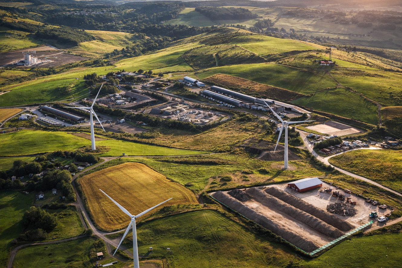 Aerial view of a rural landscape with green fields, rolling hills, wind turbines, and farm buildings.