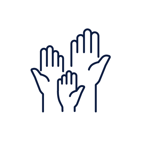 Three outlined hands of varying sizes raised with palms facing forward.