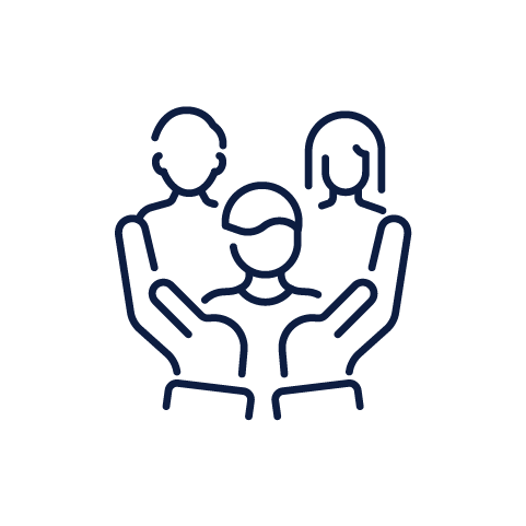 Line drawing of a family with two adults and one child in the center, all holding hands.