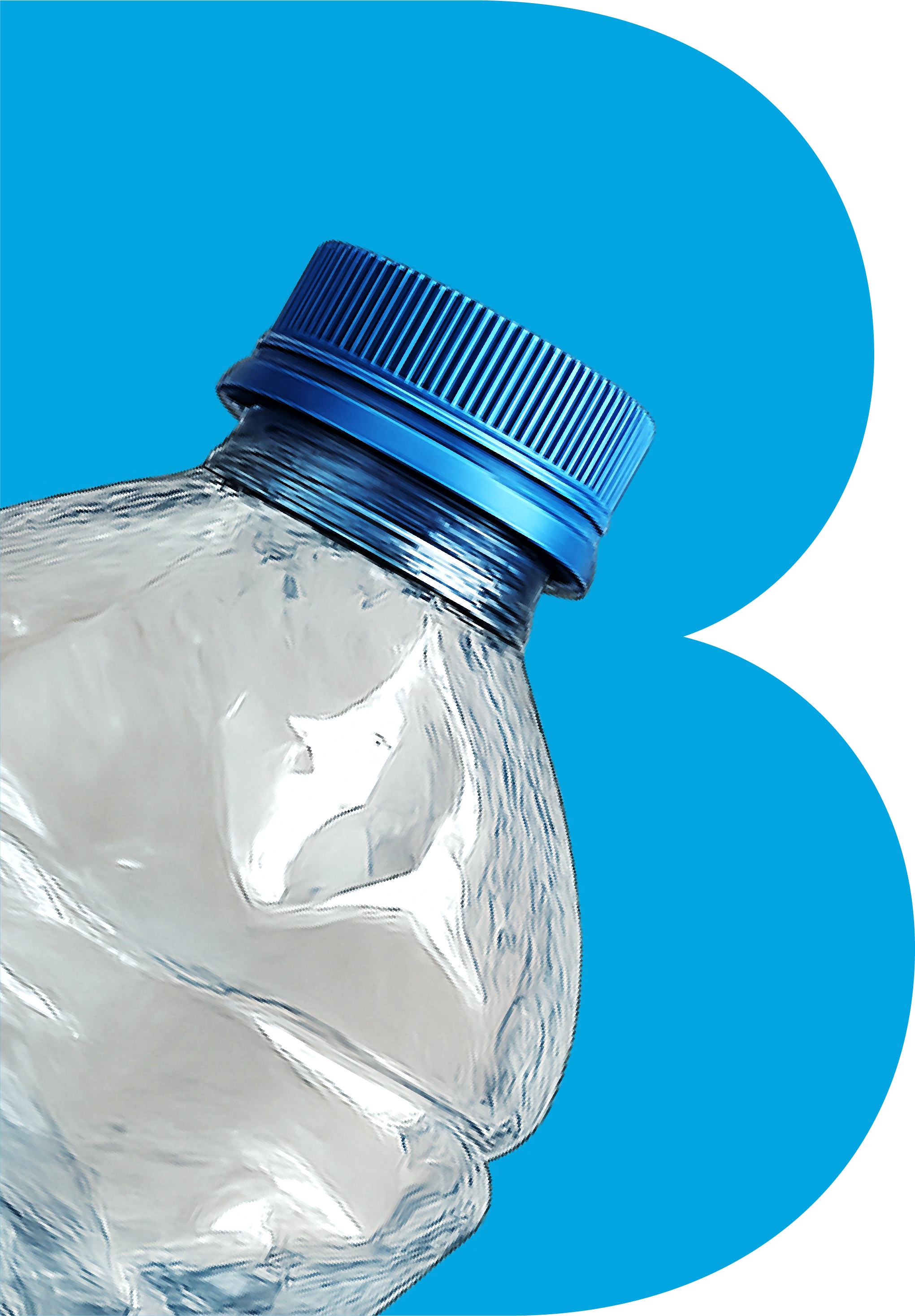 Close-up of a clear plastic water bottle with a blue cap against a solid blue background.
