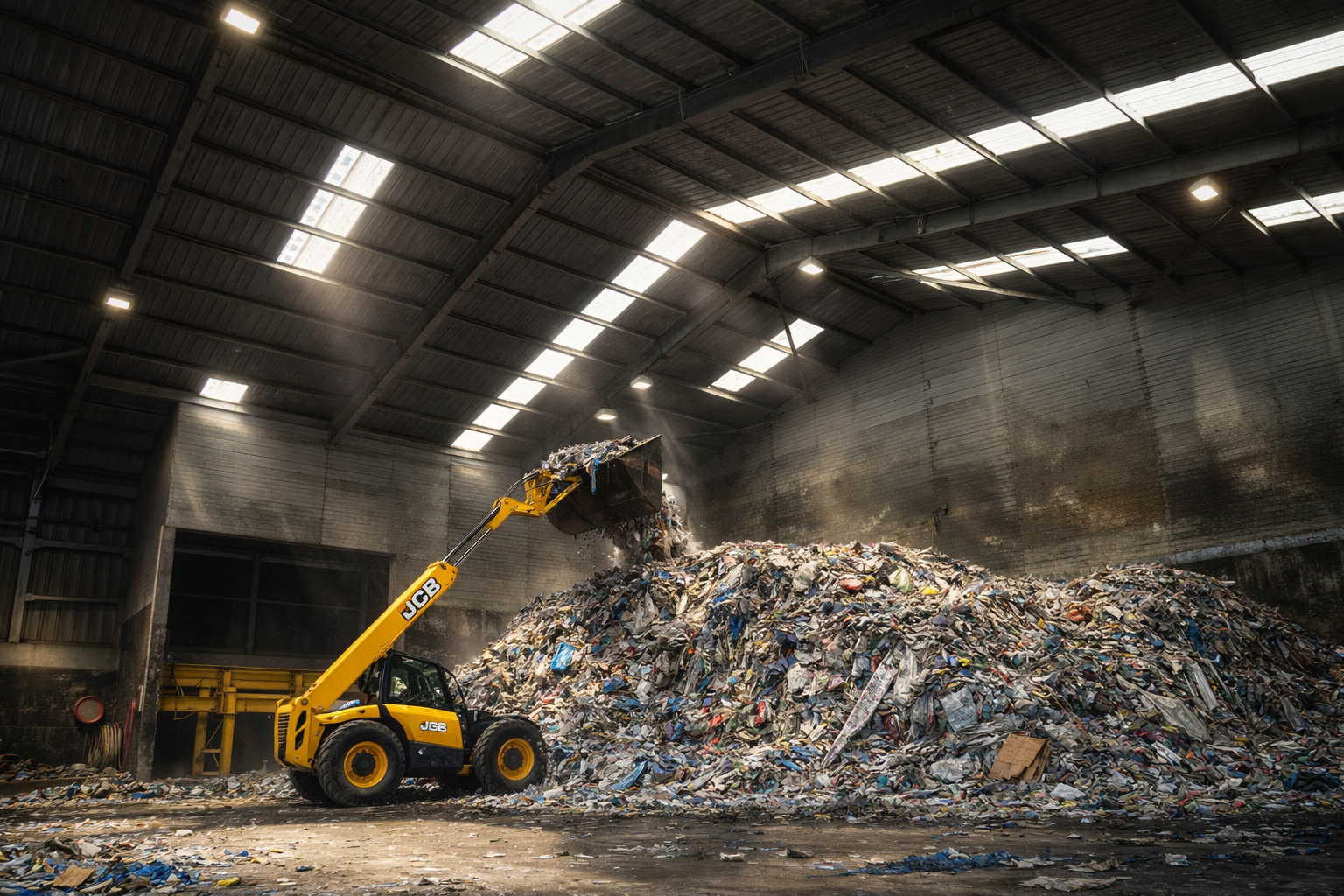 A yellow JCB front loader at a landfill site, lifting a large pile of mixed trash and waste inside a warehouse-like structure with a high ceiling and skylights.