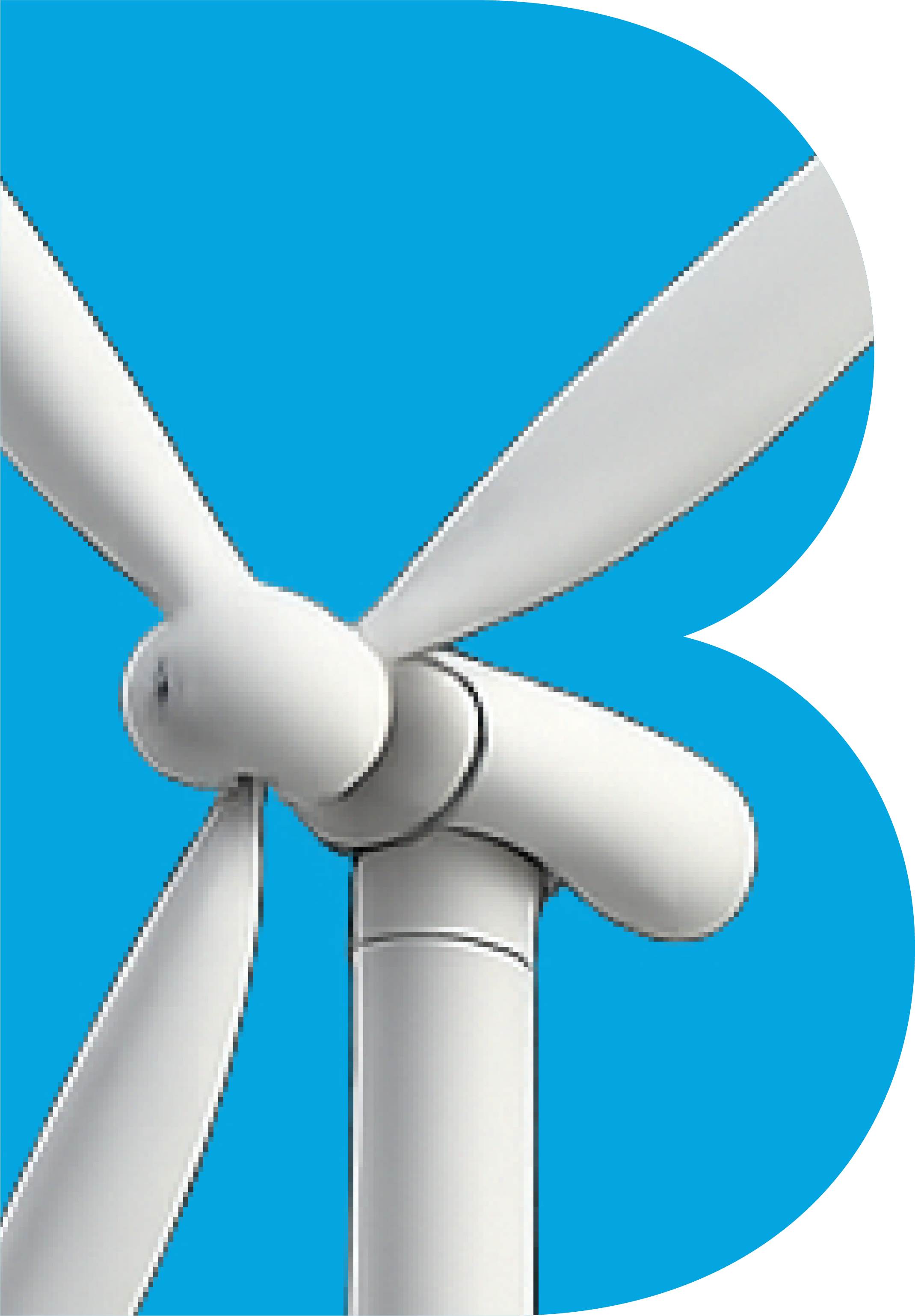 A close-up photo of a white wind turbine with three blades against a bright blue sky.