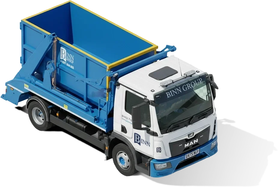 A large white and blue waste disposal truck with the Binn Group logo on the side and front, situated on a white background.