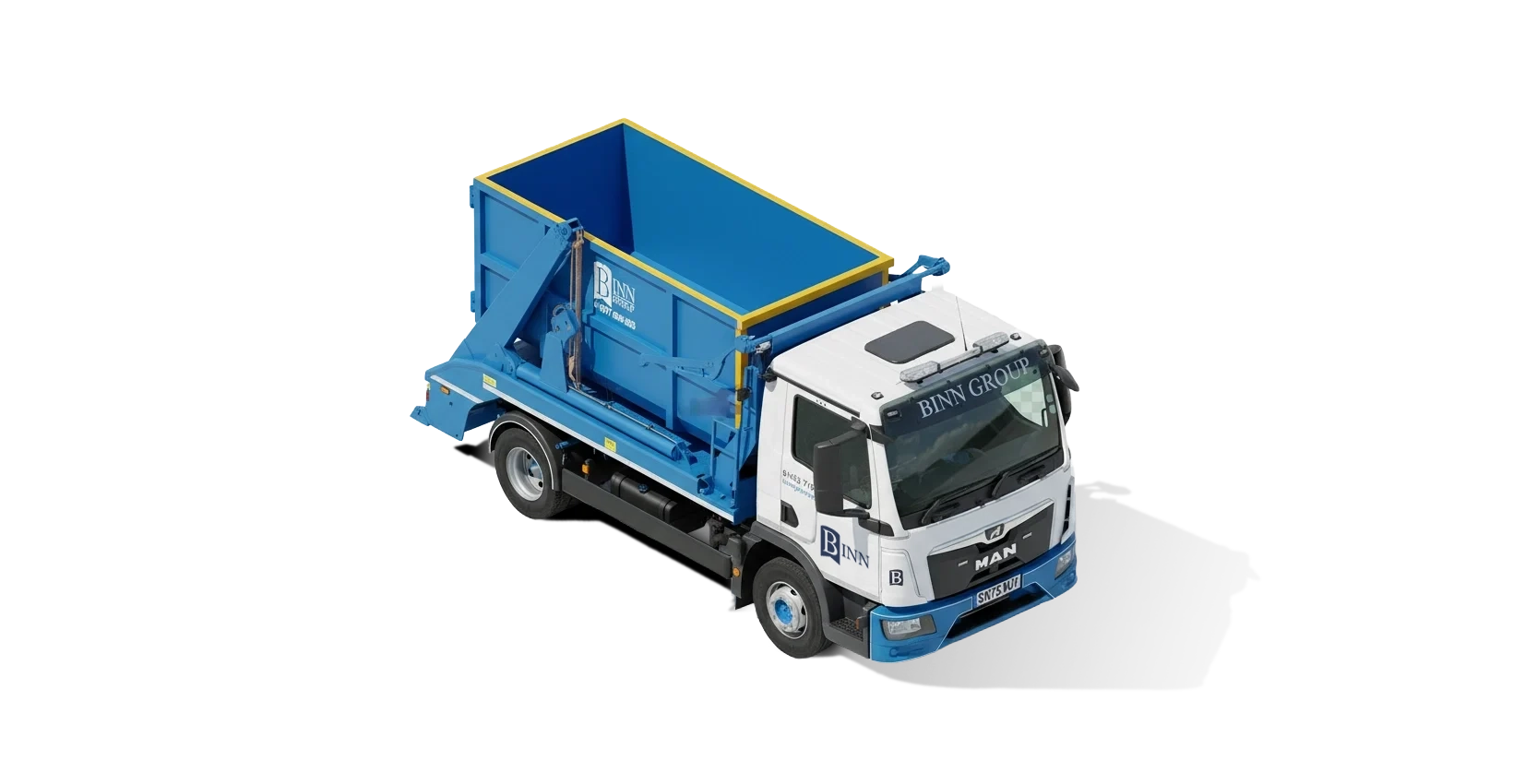 White and blue garbage truck with an open container in the back, labeled 'BINN GROUP' and the company’s contact information, viewed from above.