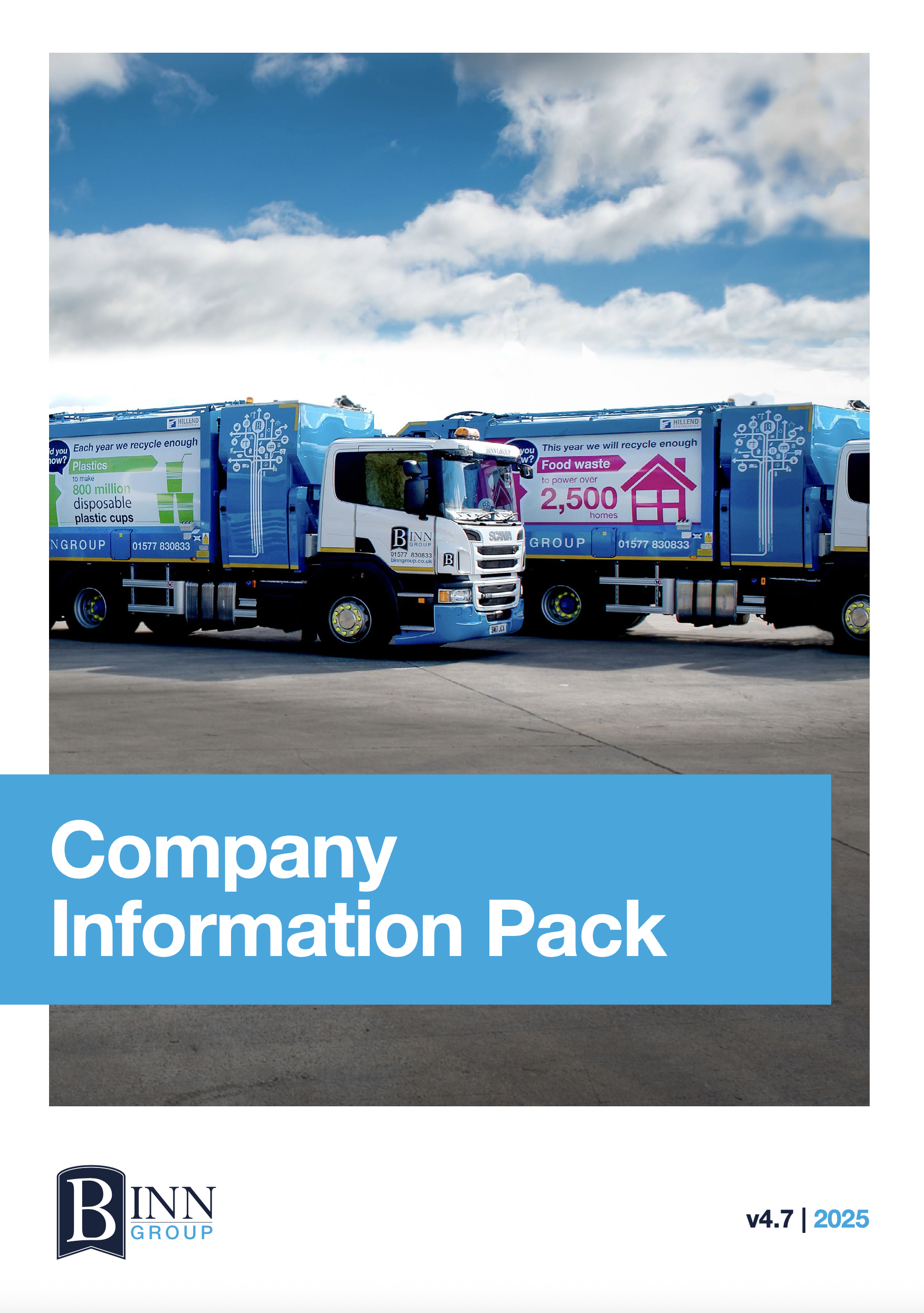Company information pack cover featuring a photo of blue recycling trucks with informational graphics about recycling and waste management, and the text 'Company Information Pack' with the company logo, version 4.7, 2025.