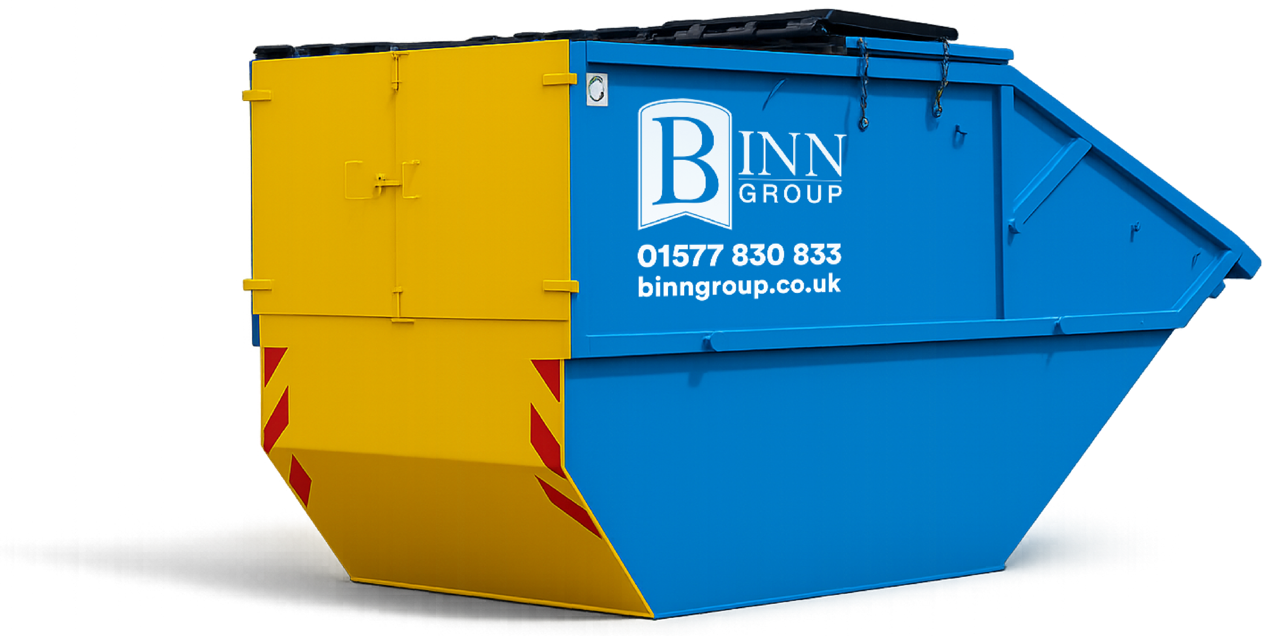 A large blue and yellow industrial skip bin with the Binn Group logo, contact number, and website printed on the side.