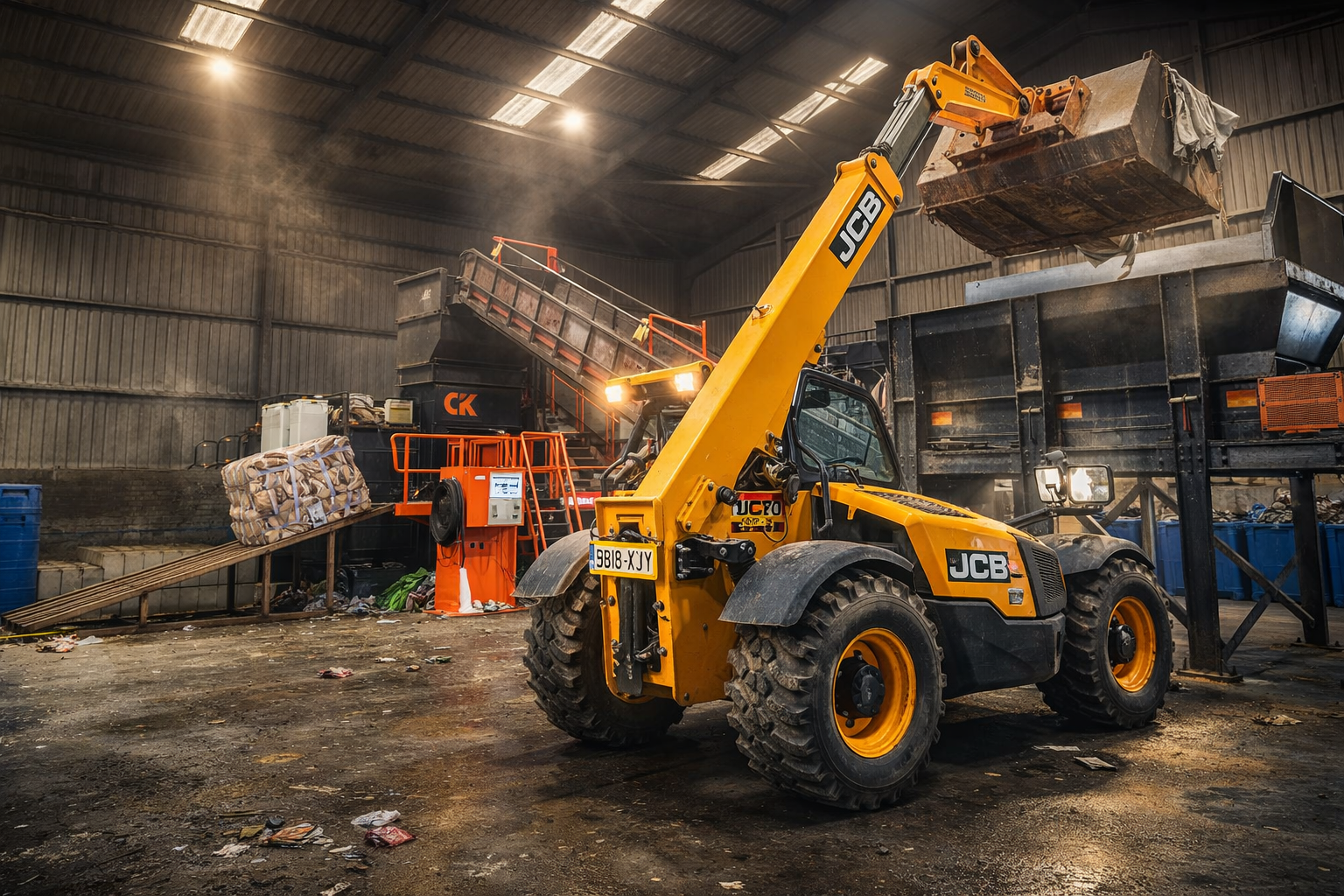 A yellow JCB skid steer loader inside an industrial warehouse, lifting a large metal container filled with debris or waste. The floor is dirty and cluttered with trash, and heavy machinery and equipment are visible in the background.