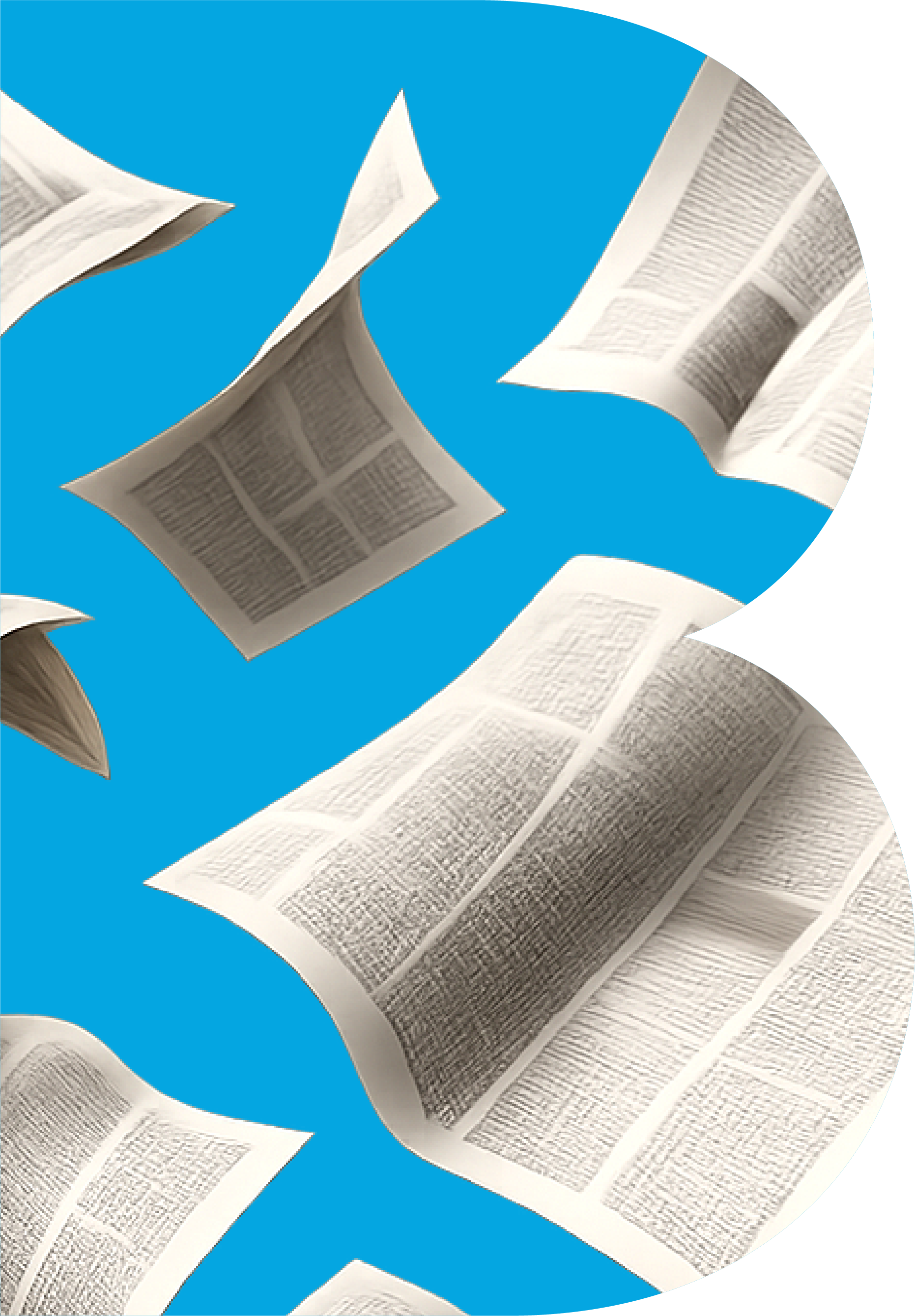 Falling white newspapers against a bright blue background.