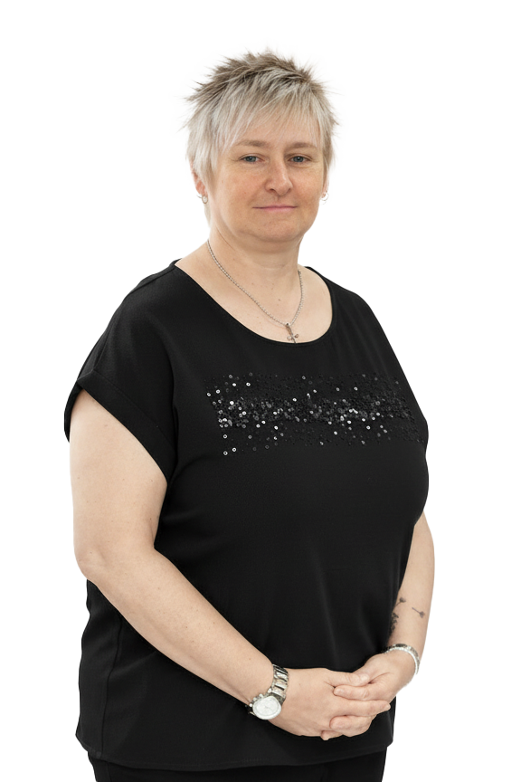 A woman with short, spiky blonde hair wearing a black top with decorative sequins and a silver watch, standing with her hands clasped, against a white background with colored graphic elements.