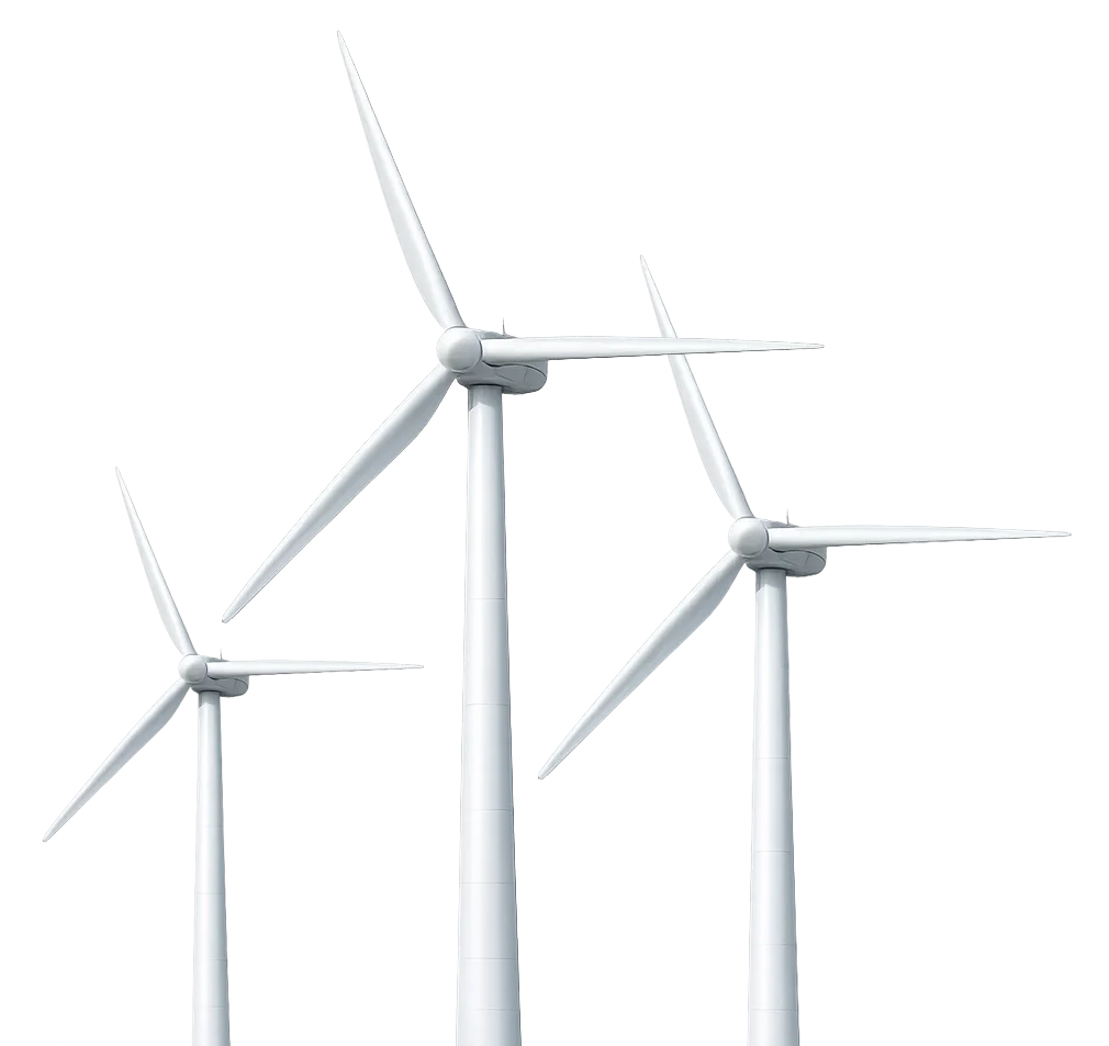 Three white wind turbines against a cloudy sky.