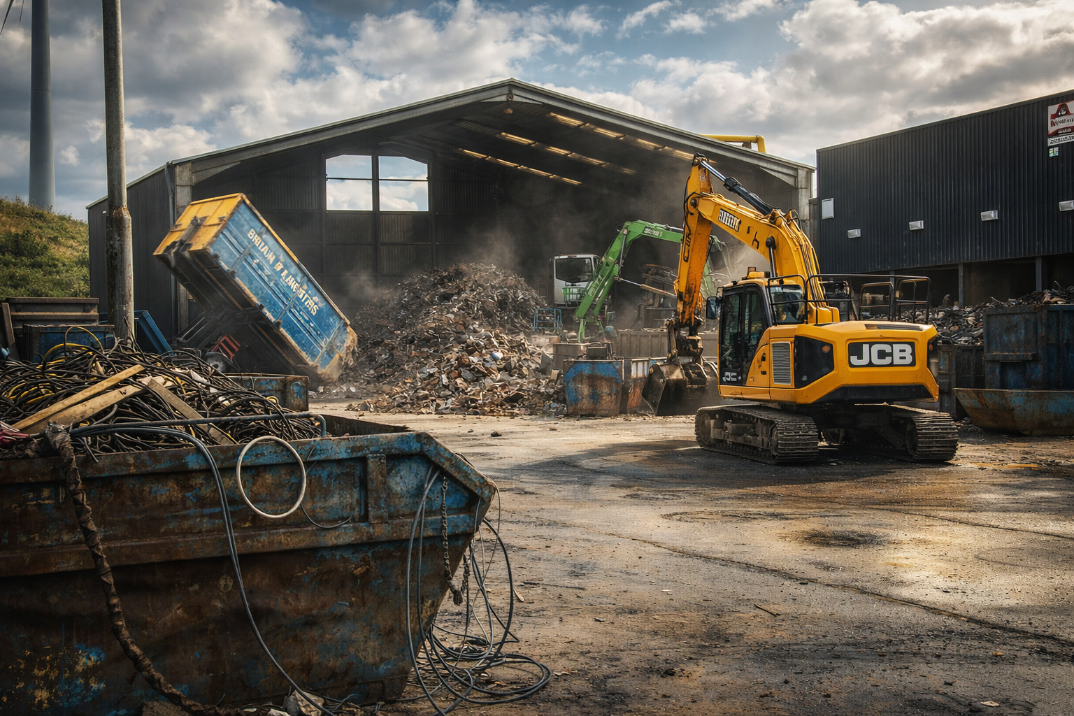 Construction site with excavators and debris in front of a large industrial building, under cloudy sky.