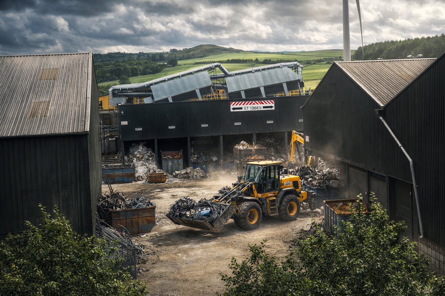 A scrapyard with black buildings, a forklift moving scrap metal, dumpsters filled with scrap, and hills in the background under cloudy skies.