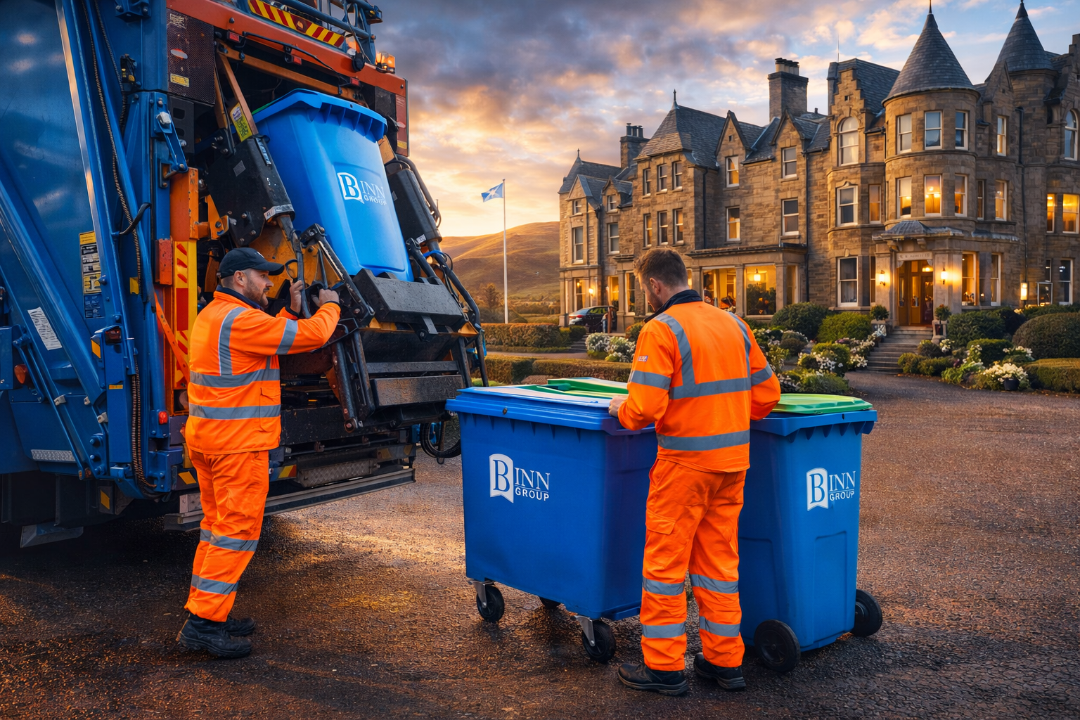 Two sanitation workers in orange safety uniforms placing trash into blue bins with bin group logo, in front of a large historic house during sunset.